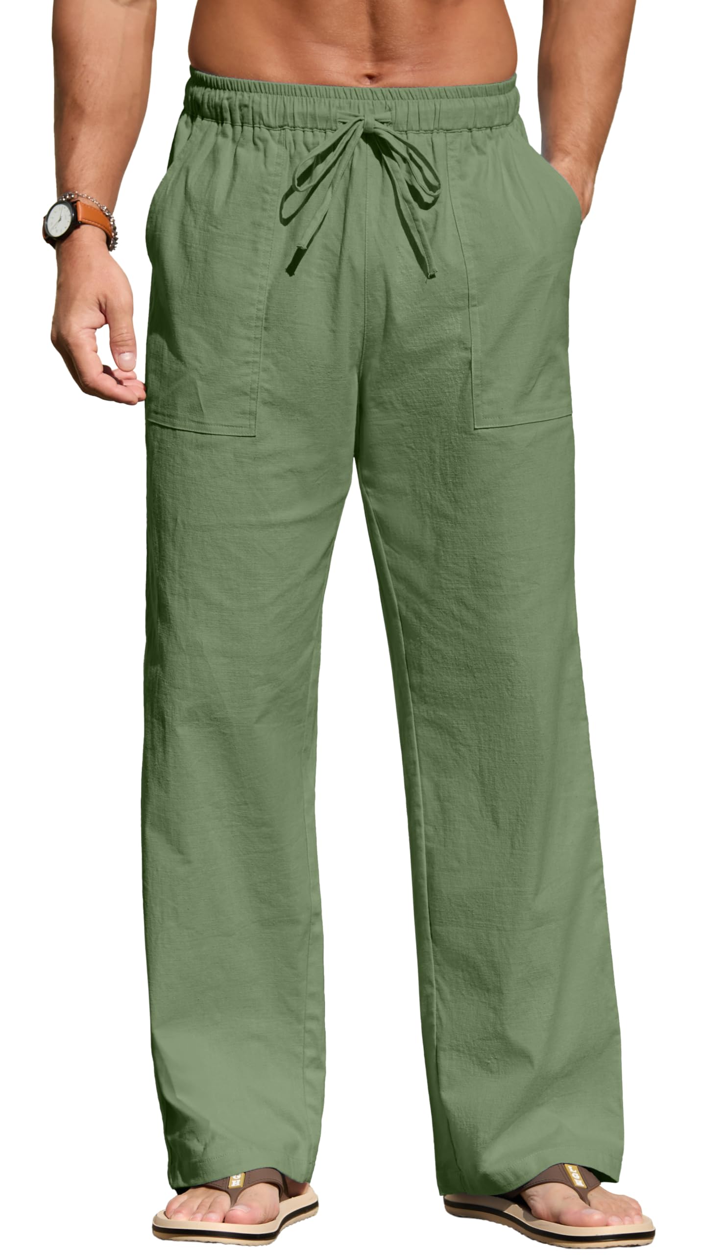 Sailwind Men's Casual Linen Pants Beach Summer Elastic Waist Drawstring Pants Lightweight Linen Trousers White