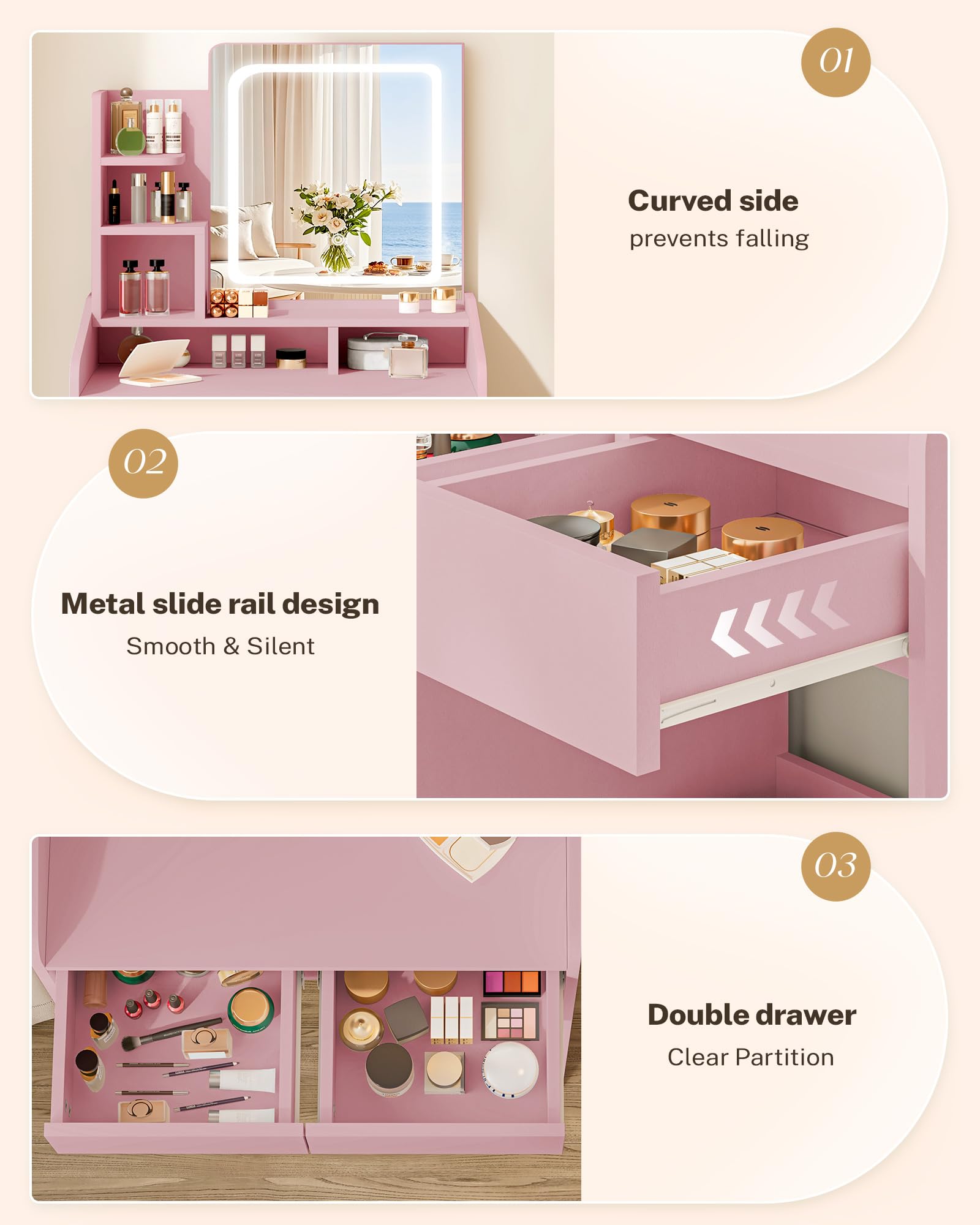 Pink vanity table with features highlighted on a beige background