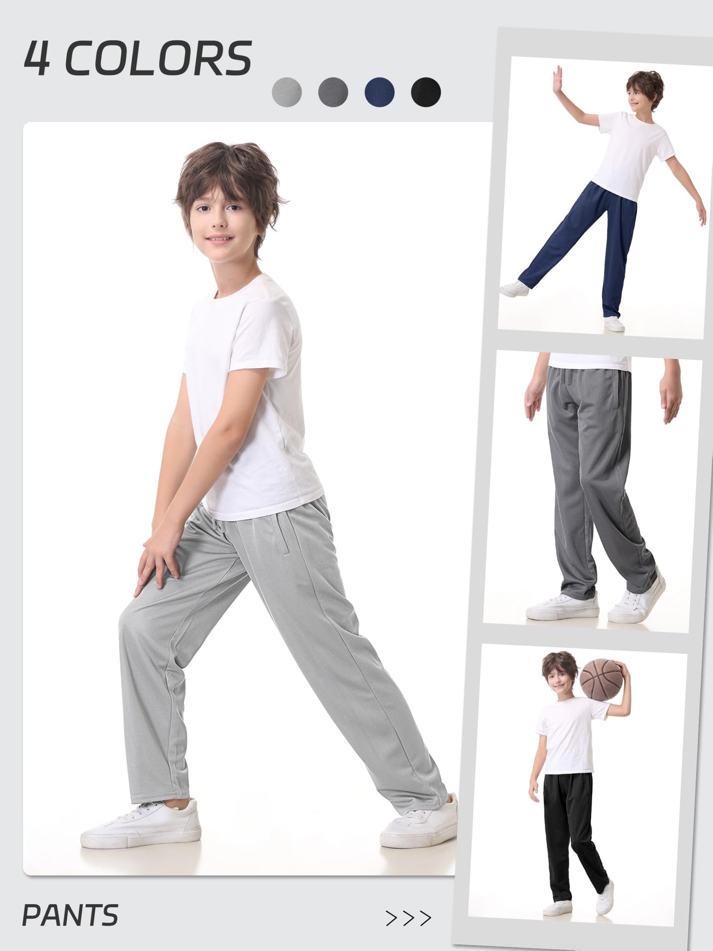 4 Pack Boys Mesh Lightweight Sweatpants, Thin Open Bottom Athletic Sweatpants for Boys.