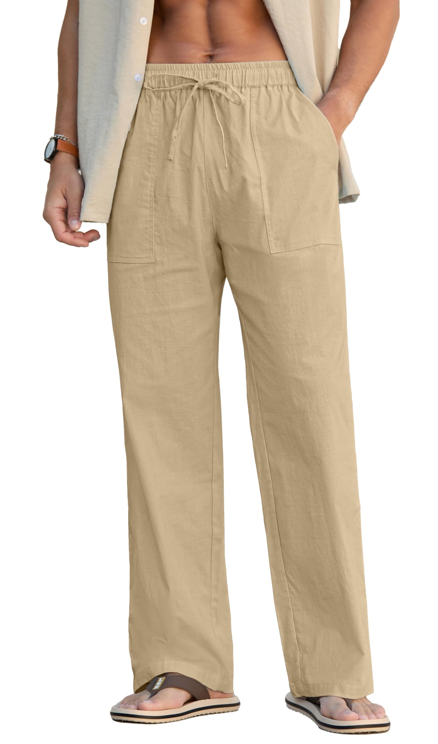 Sailwind Men's Casual Linen Pants Beach Summer Elastic Waist Drawstring Pants Lightweight Linen Trousers White