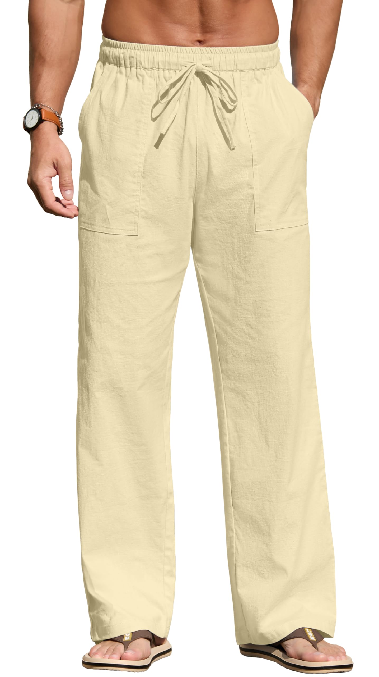 Sailwind Men's Casual Linen Pants Beach Summer Elastic Waist Drawstring Pants Lightweight Linen Trousers White