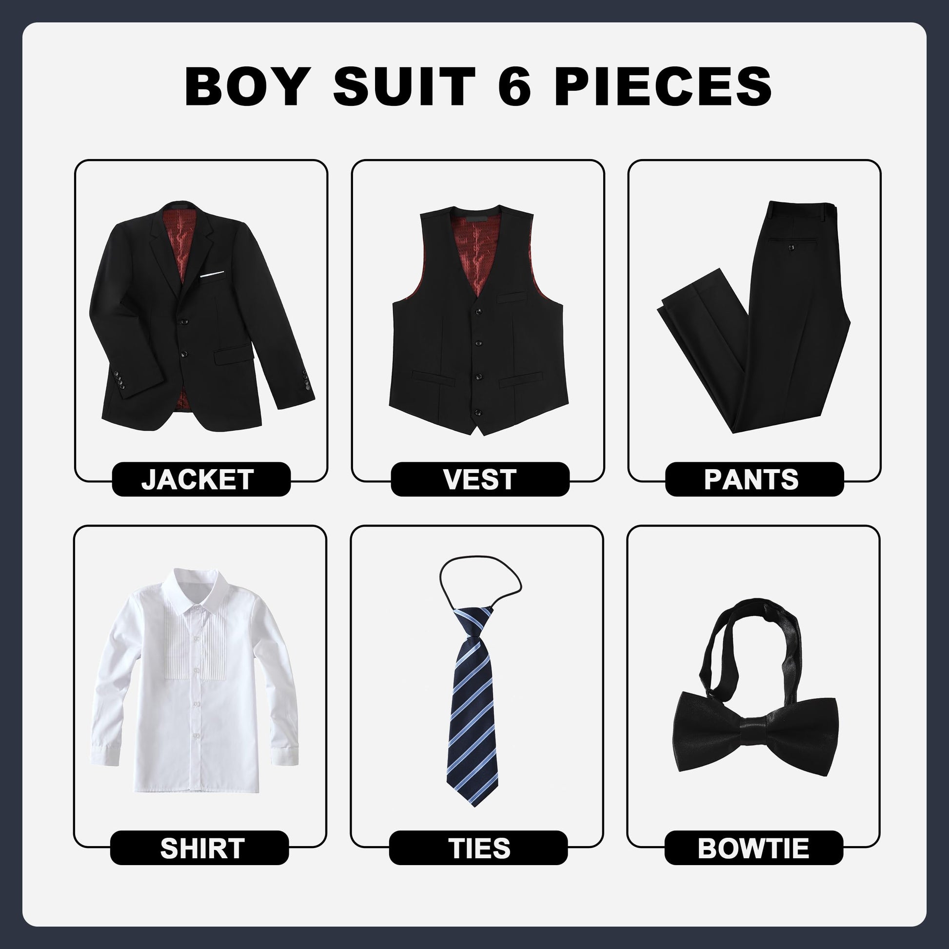 Boys' Suits Size 2T Kids Black Suit Slim Fit 6 Piece Formal Suit Set Teen Toddler Ring Bearer Outfit for Wedding
