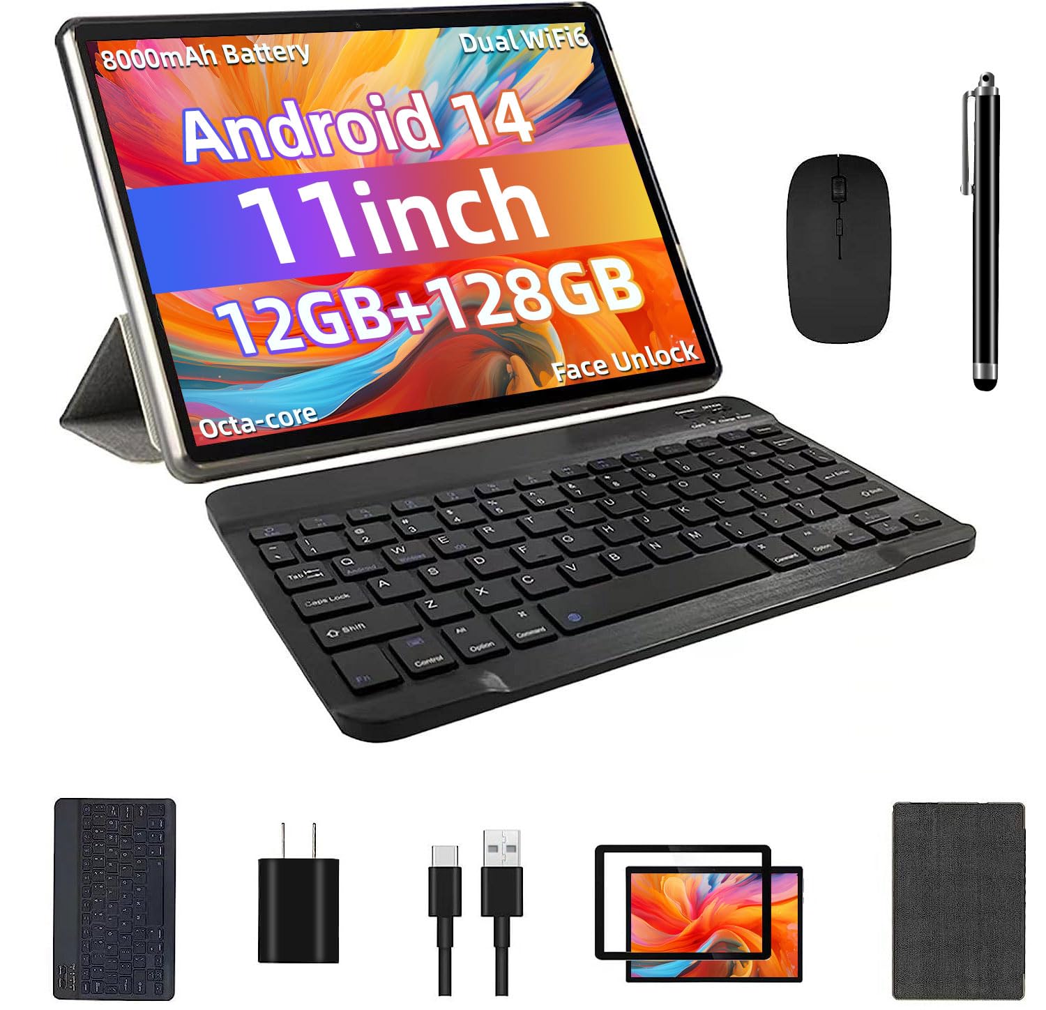 2025 Upgraded Android 14 Tablet, 11inch Tablet PC,Support Face Unlock, Octa-core CPU,12GB+128GB+1TB Expand, 8000mAh Big Battery, 18W Fast Charging, WiFi6, BT5.0,Touchscreen Display Tableta with Case