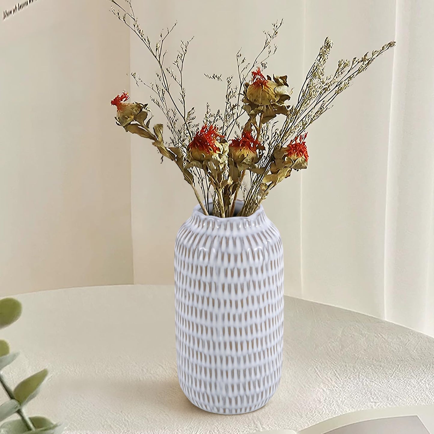 Ceramic Vase for Flowers – Modern Small Ribbed Textured Flower Vase for Home Decor, Pampas Grass, Decorative, Farmhouse, Coffee Table, Kitchen Centerpieces, Bookshelf and Home Living (White)