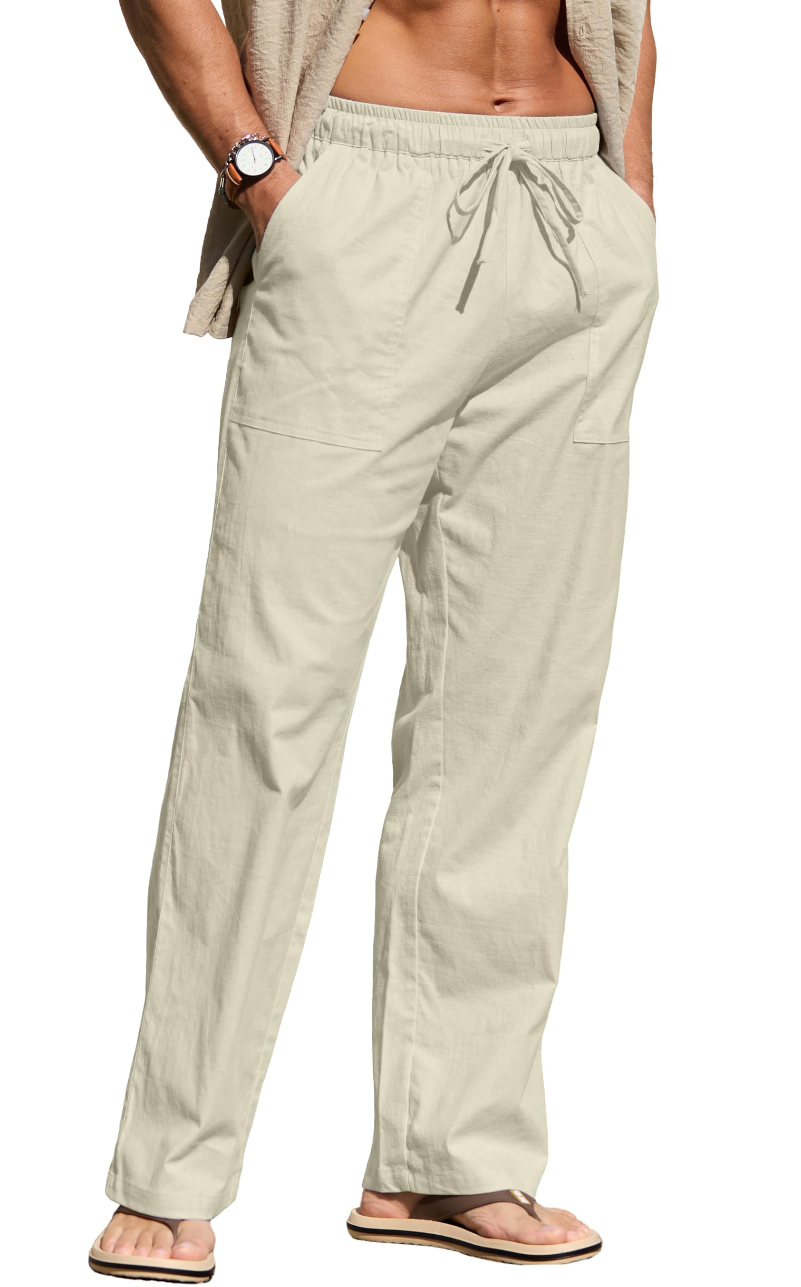 Sailwind Men's Casual Linen Pants Beach Summer Elastic Waist Drawstring Pants Lightweight Linen Trousers White