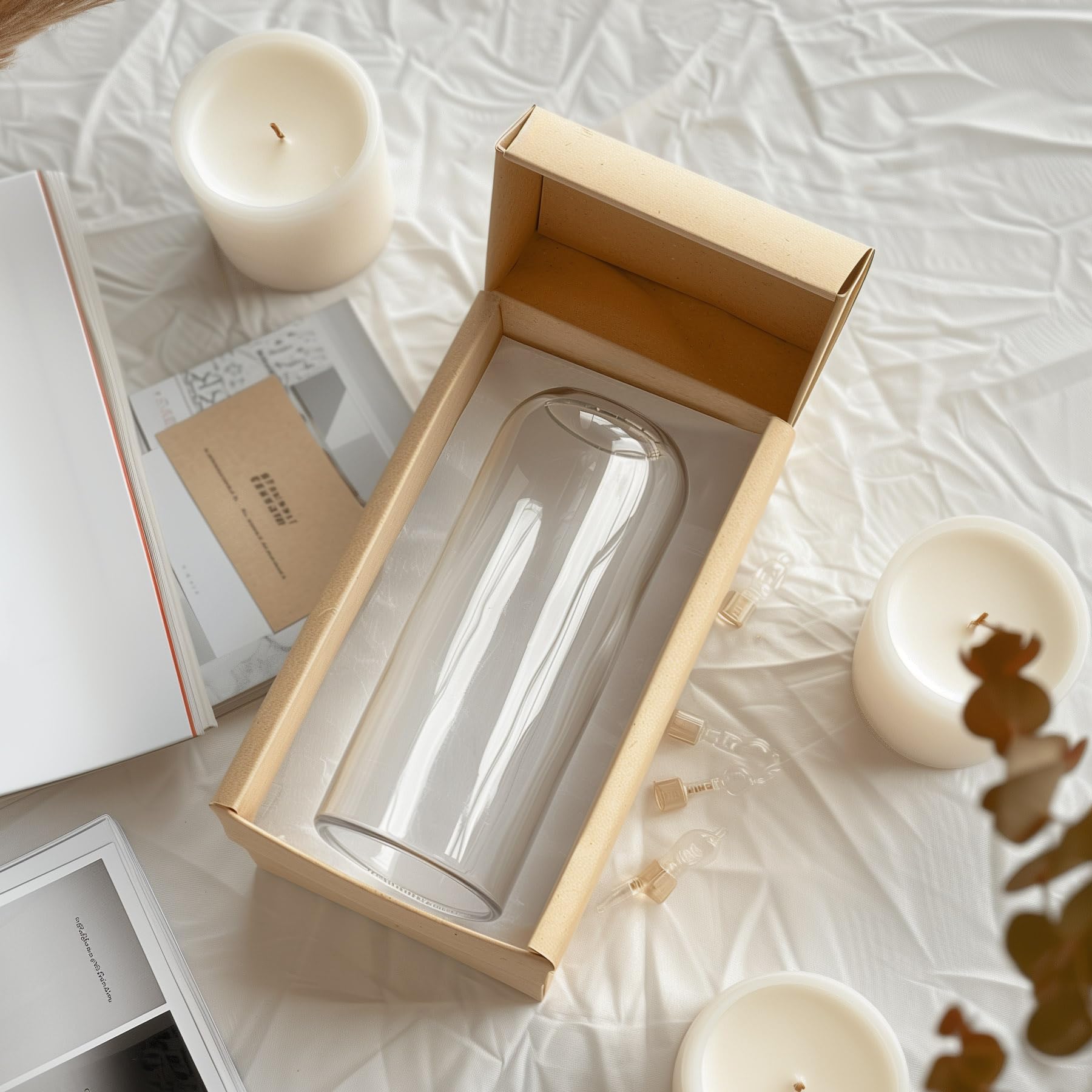 Clear glass tumbler in a cardboard box on a textured surface with candles and books.