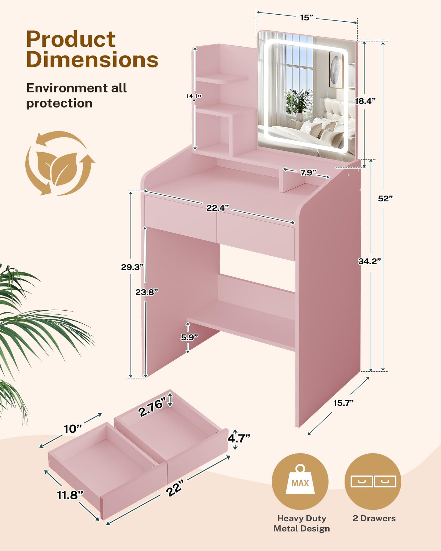 Pink vanity table with dimensions and features on a beige background