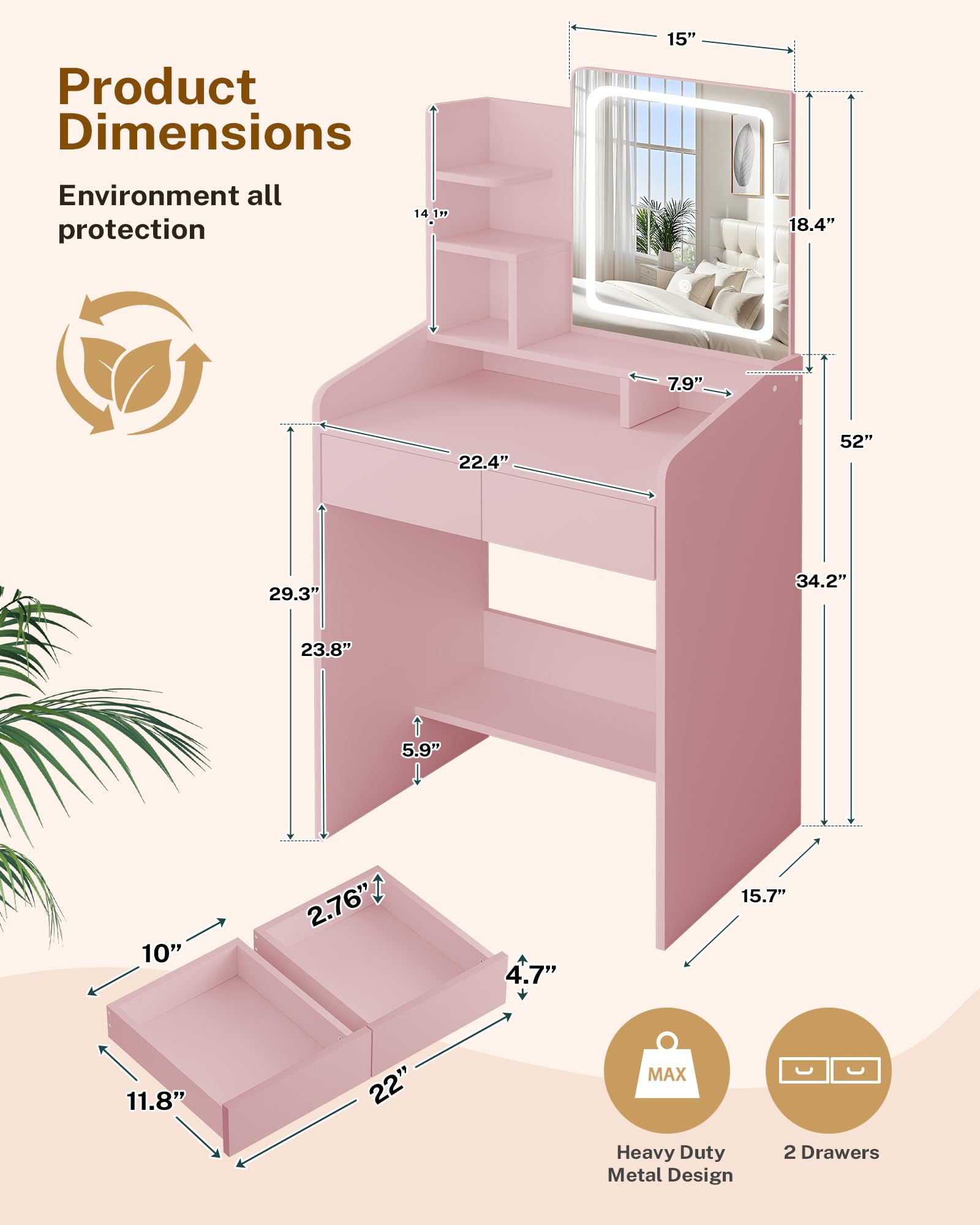 Pink vanity table with dimensions and features on a beige background