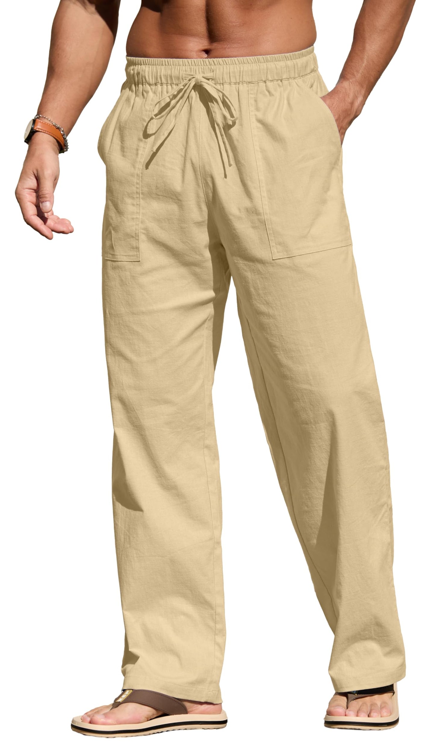 Sailwind Men's Casual Linen Pants Beach Summer Elastic Waist Drawstring Pants Lightweight Linen Trousers White