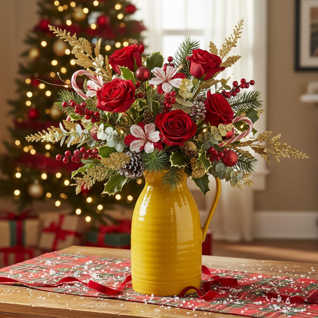 Decorative floral arrangement in a yellow vase with a Christmas tree in the background.