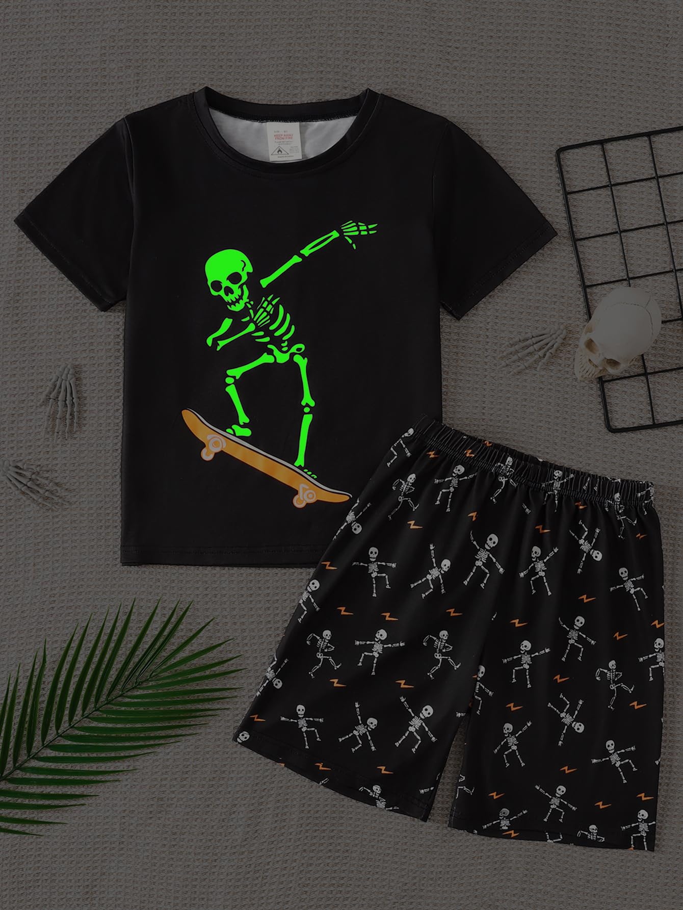 MyFav Big Boys Glow in Dark Skull Pjs Sleepwear Summer Pajama Shorts Sets, Skateboard, 14 Years
