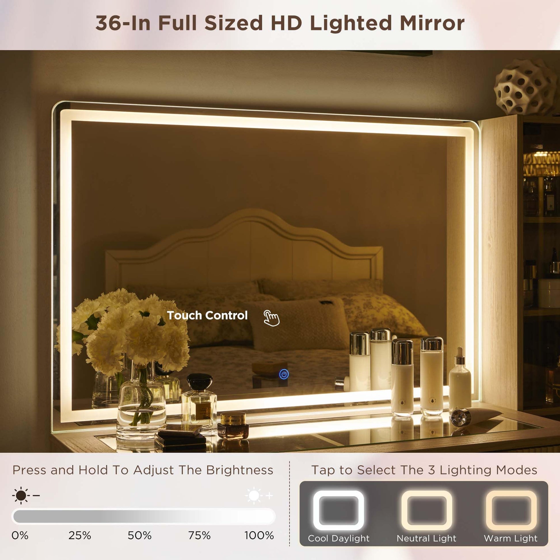 Cosmetic organizer with embedded tempered glass tabletop displaying various items.