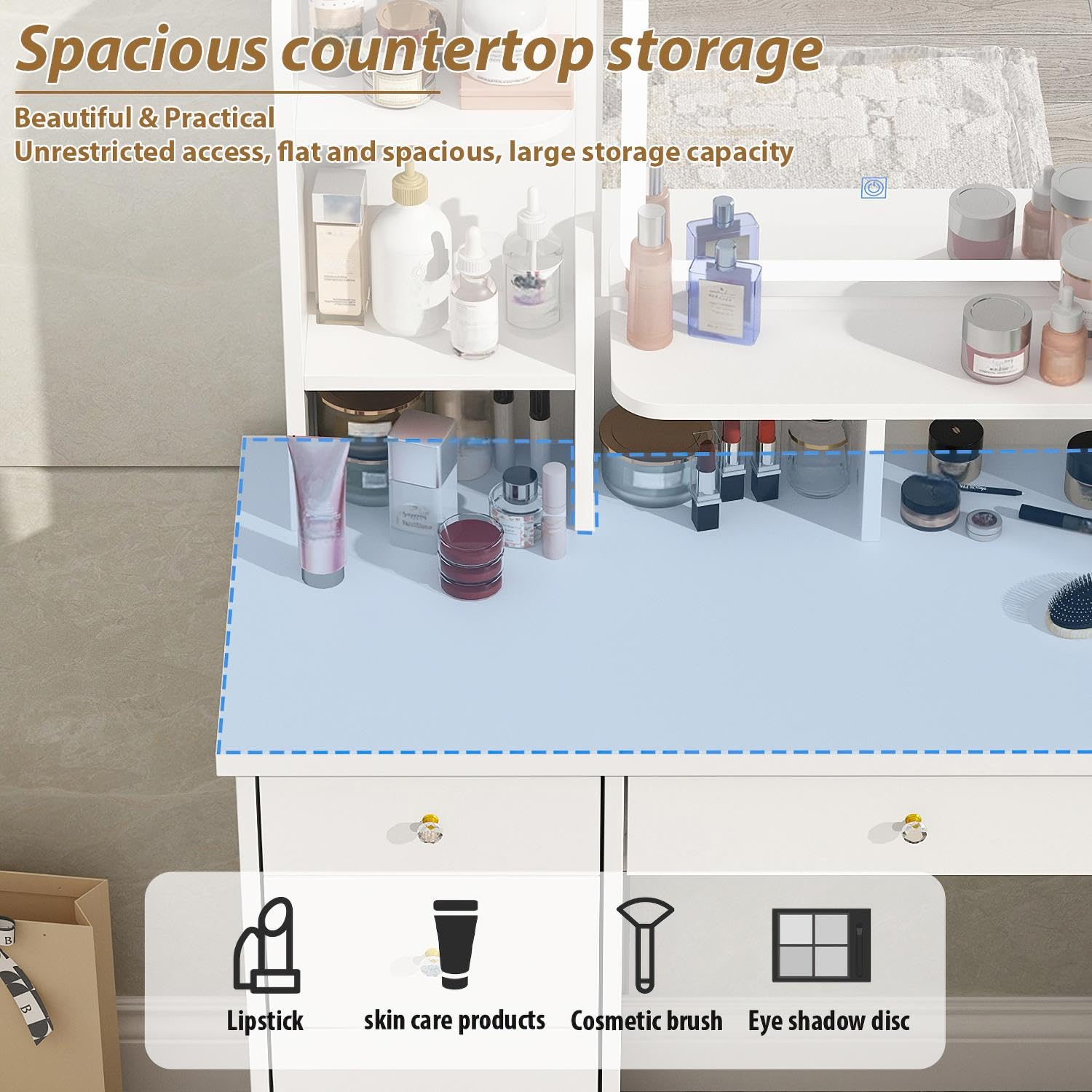 Spacious countertop storage with cosmetic products and labeled items.
