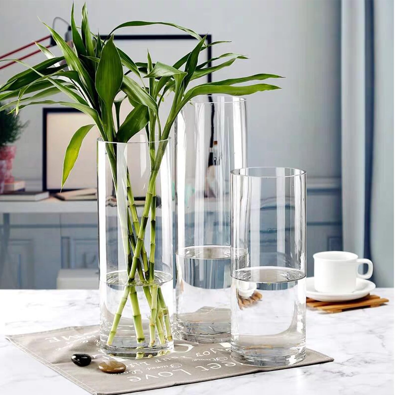 Clear glass vases with green plants on a table in a home setting