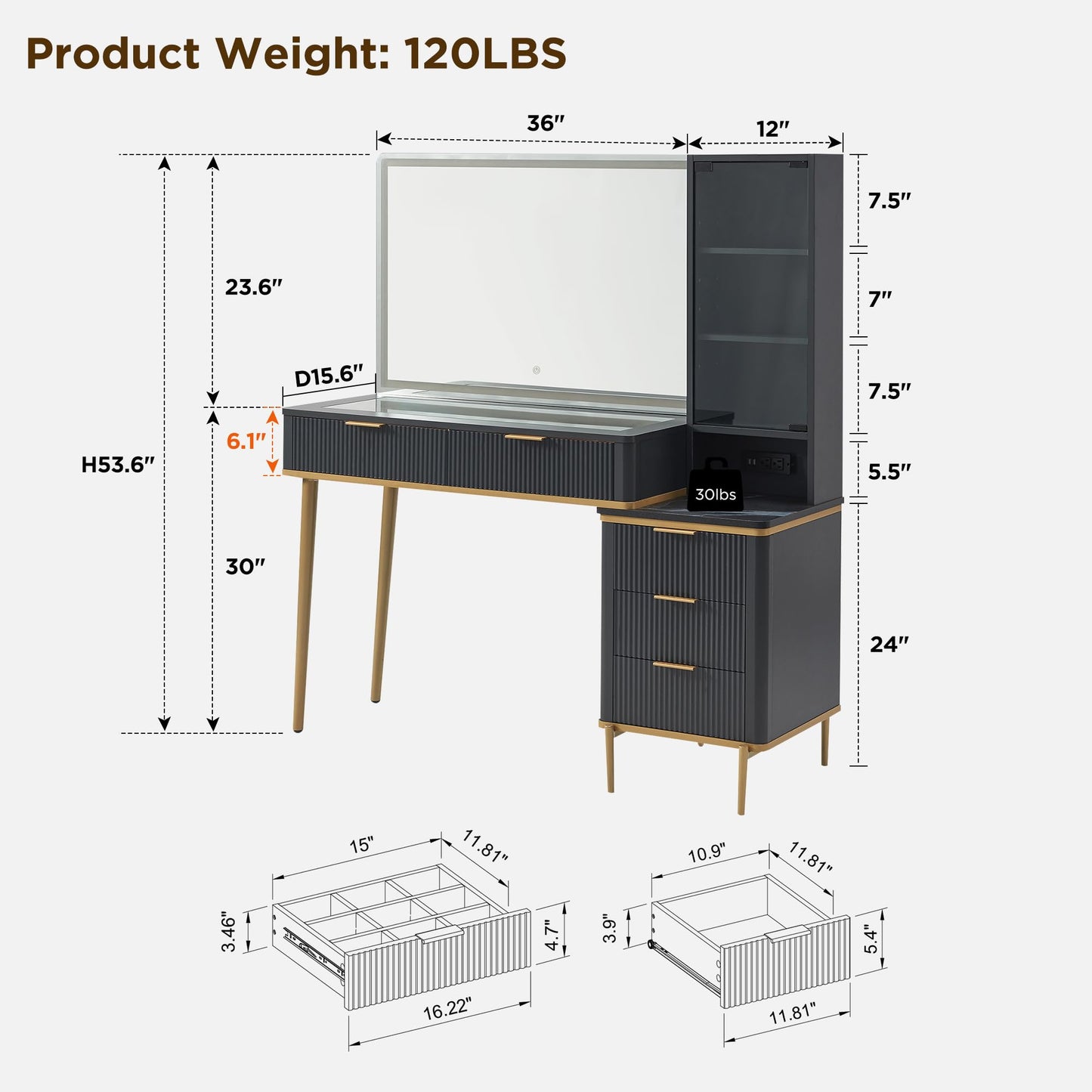 Cosmetic organizer with embedded tempered glass tabletop displaying various items.