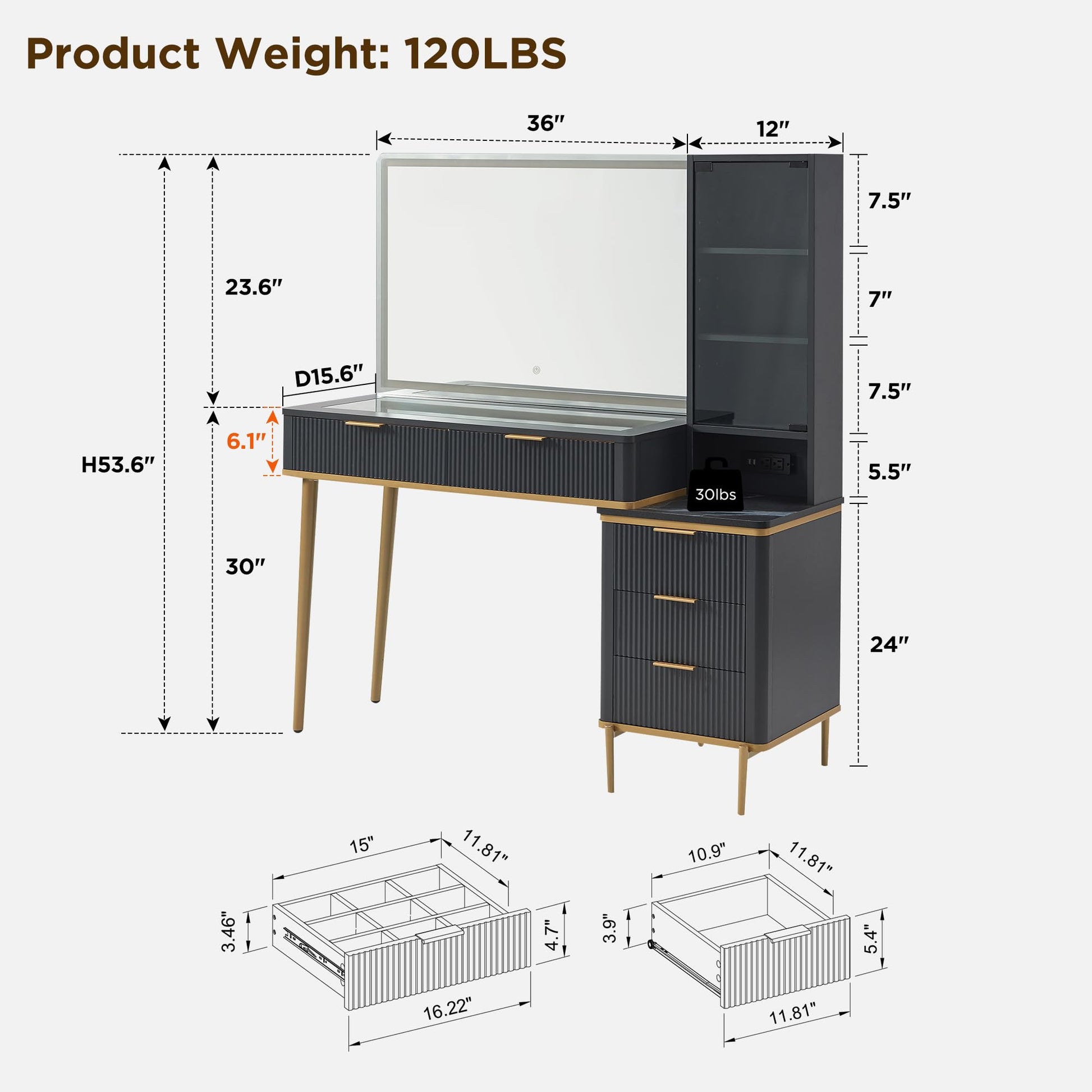 Cosmetic organizer with embedded tempered glass tabletop displaying various items.