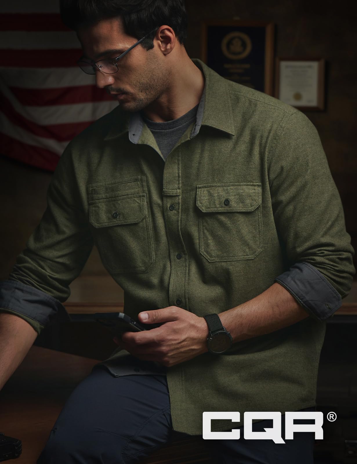 CQR Men's All Cotton Flannel Shirt, Long Sleeve Casual Button Up Plaid Shirt, Brushed Soft Outdoor Shirts, Solid Hunter Green, Large