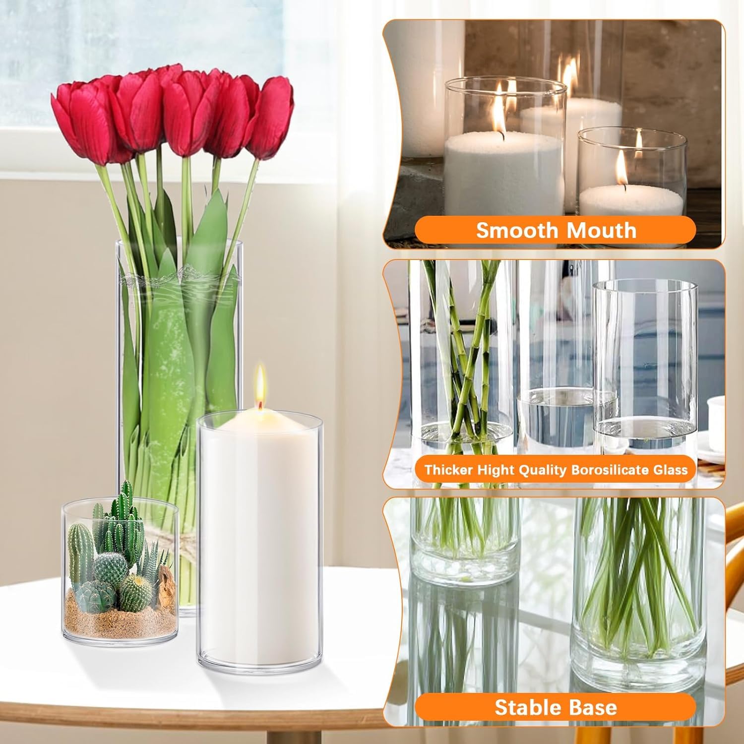 Glass vases with red tulips, candles, and cacti on a table.