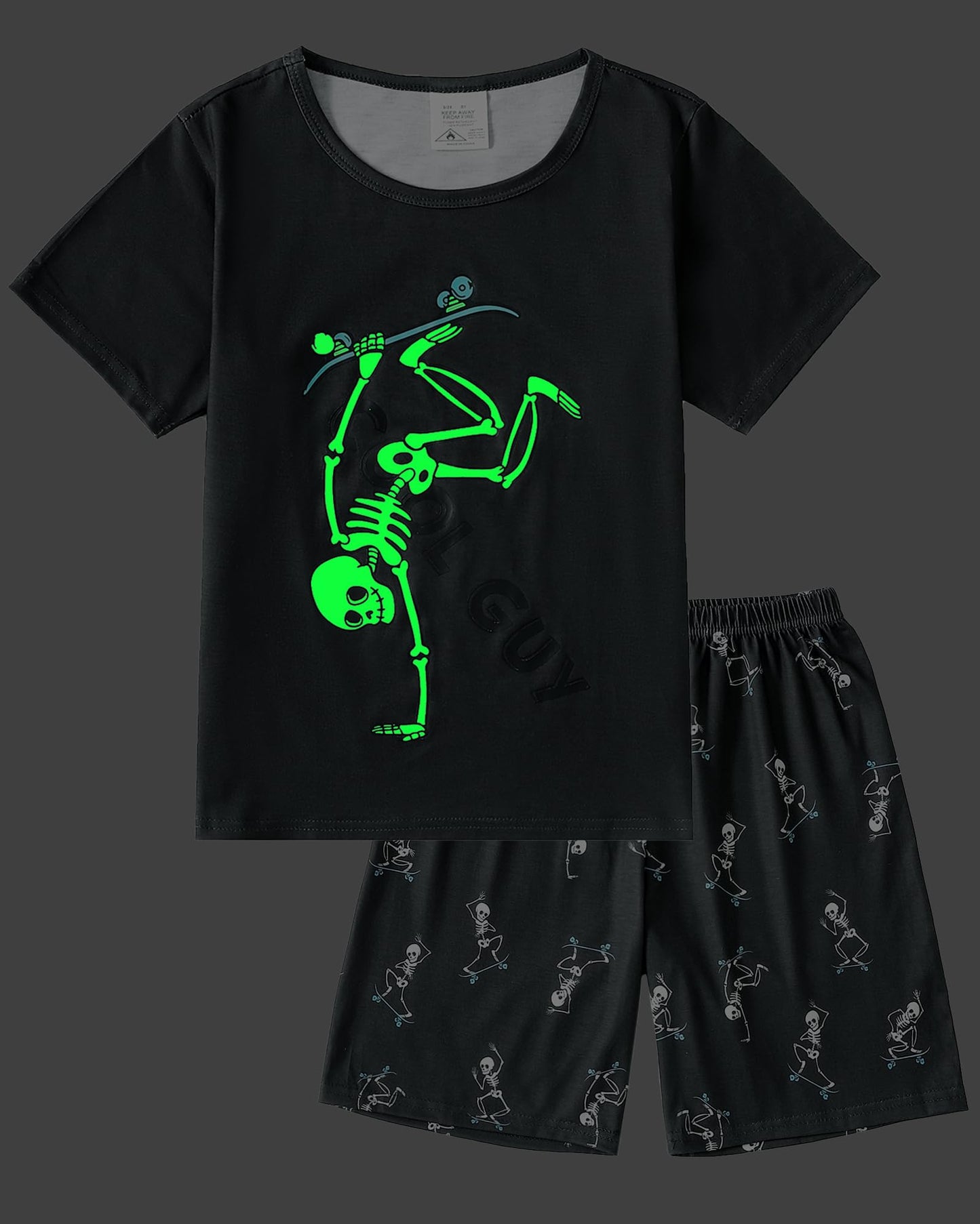 MyFav Big Boys Glow in Dark Skull Pjs Sleepwear Summer Pajama Shorts Sets, Skateboard, 14 Years