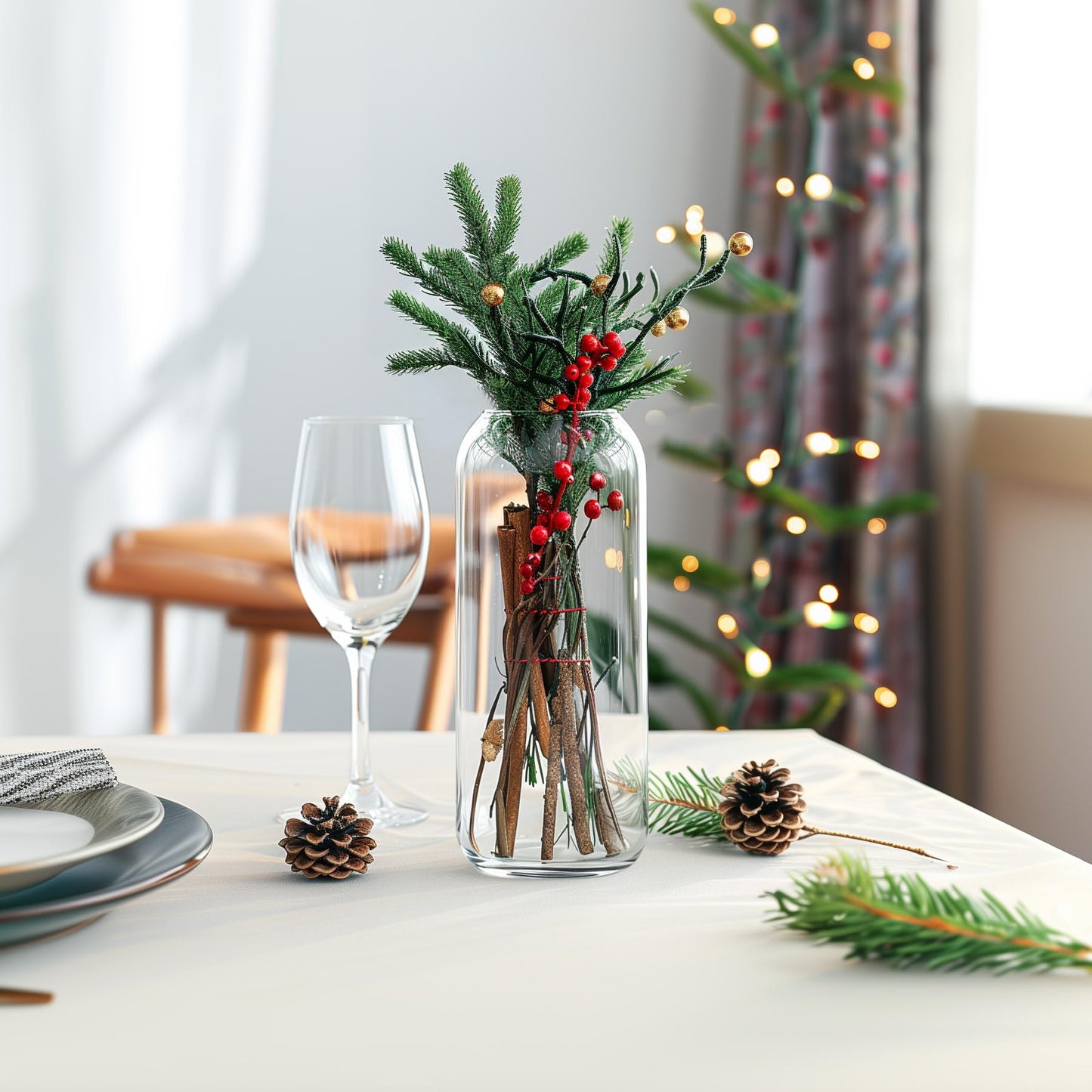 Decorative table setting with a glass vase containing greenery and berries, surrounded by pinecones and a wine glass.