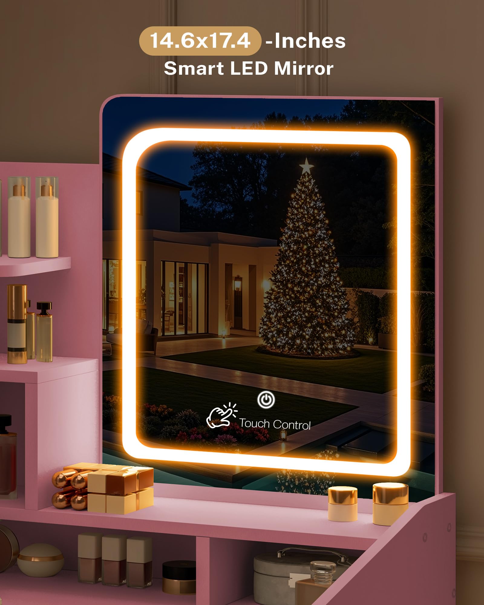 Smart LED mirror with decorative Christmas tree in the background