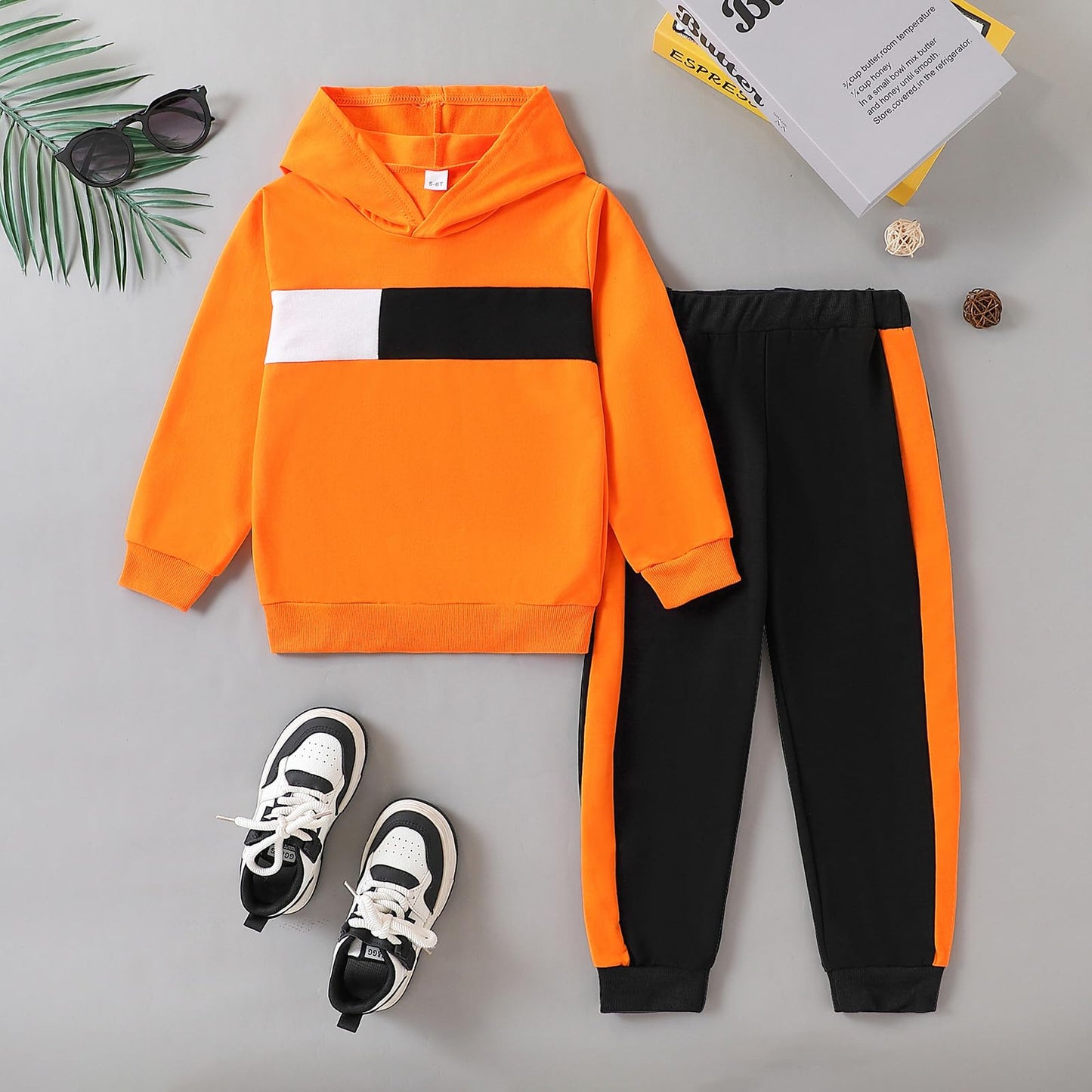 KIDLAGA Toddler Boy Clothes Long Sleeve Hoodie Sweatsuits Tops and Pants Boys Fall Winter Color Block Outfits Set Orange 11-12 Years