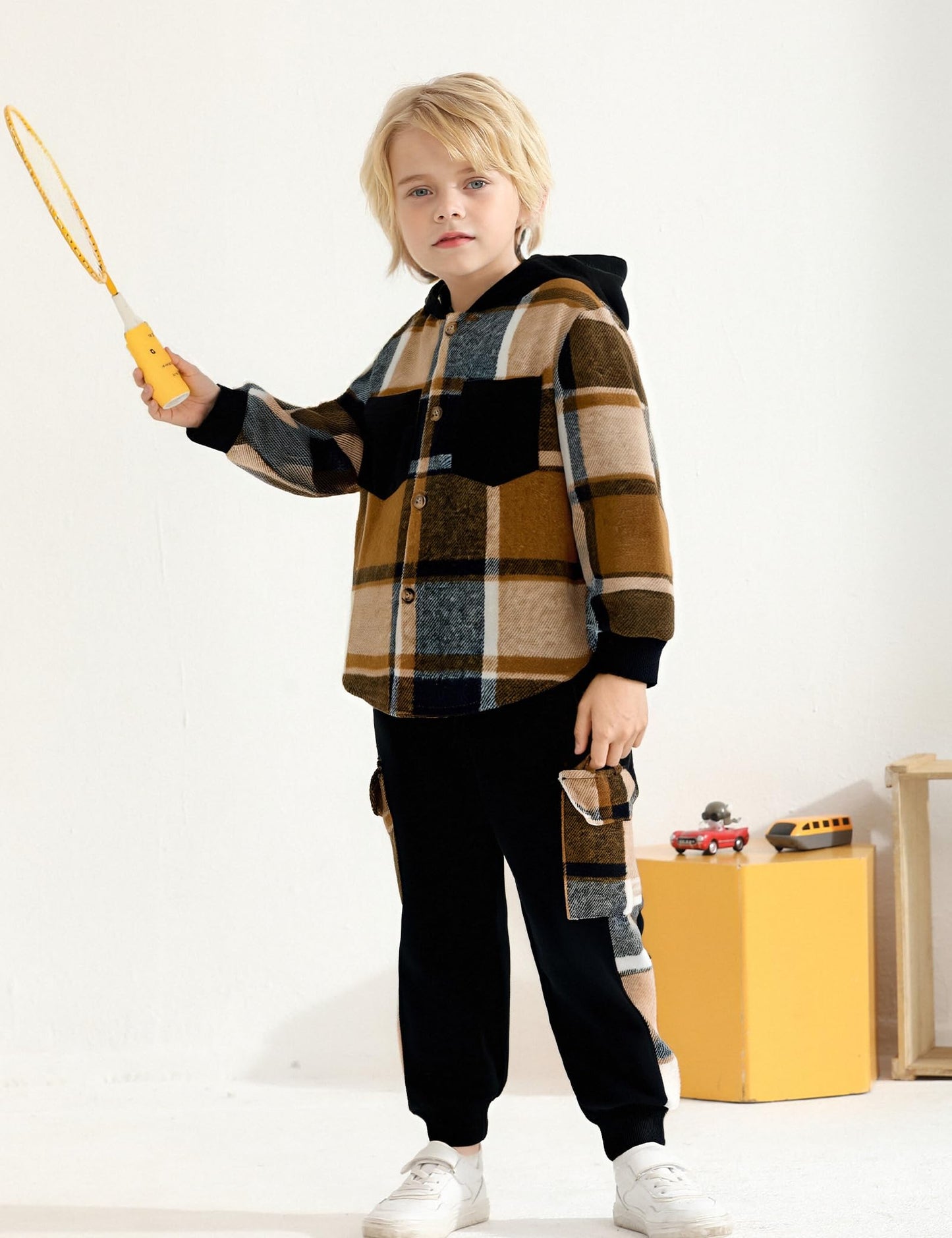 Auiopila Kids Toddler Boy Clothes Plaid Hooded Shirt White T-shirt Top and Solid Color Pants 3Pcs Winter Boys Outfits