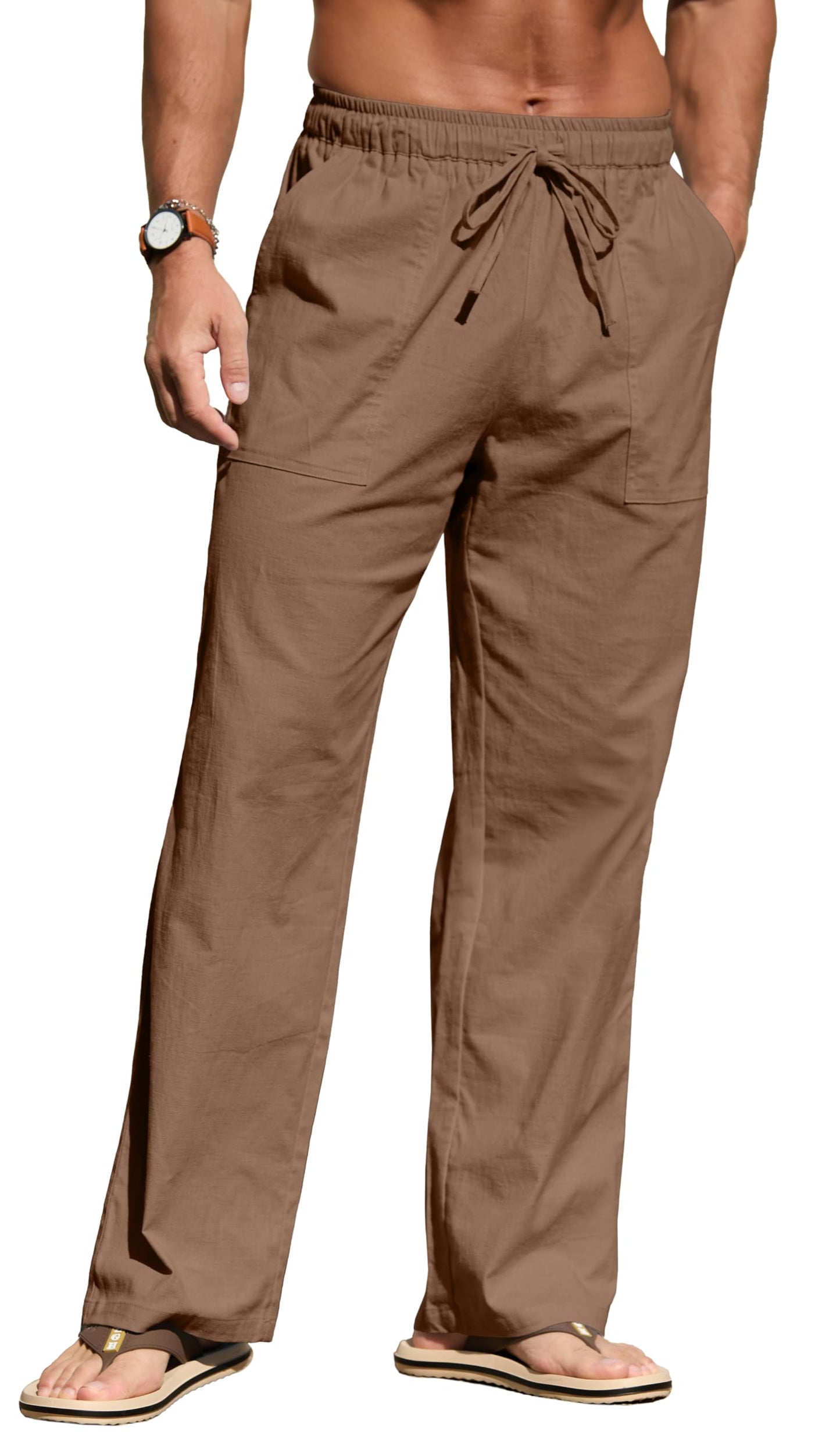 Sailwind Men's Casual Linen Pants Beach Summer Elastic Waist Drawstring Pants Lightweight Linen Trousers White