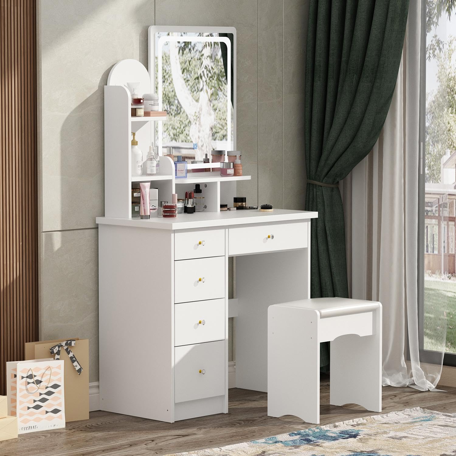 White vanity desk with mirror and stool in a room with curtains and decor.