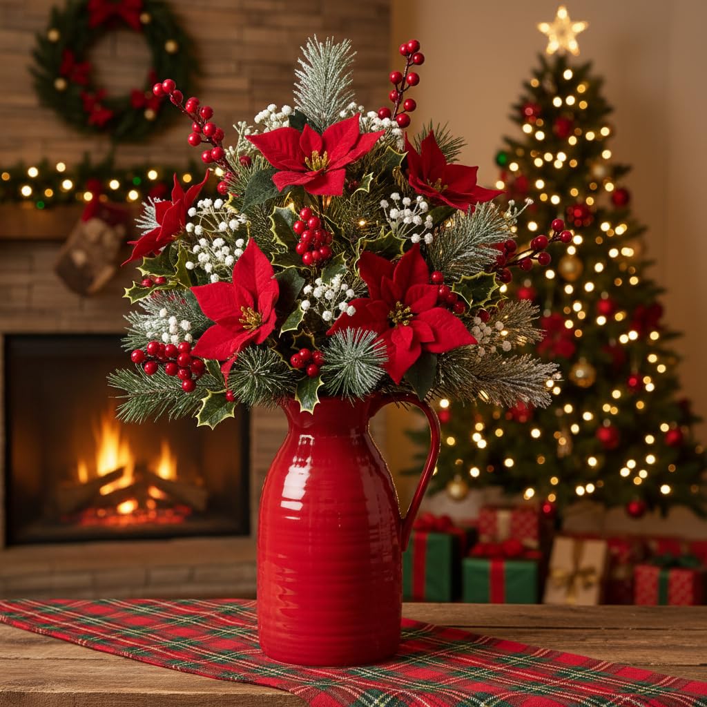 Red vase with a festive flower arrangement in front of a Christmas tree and fireplace.