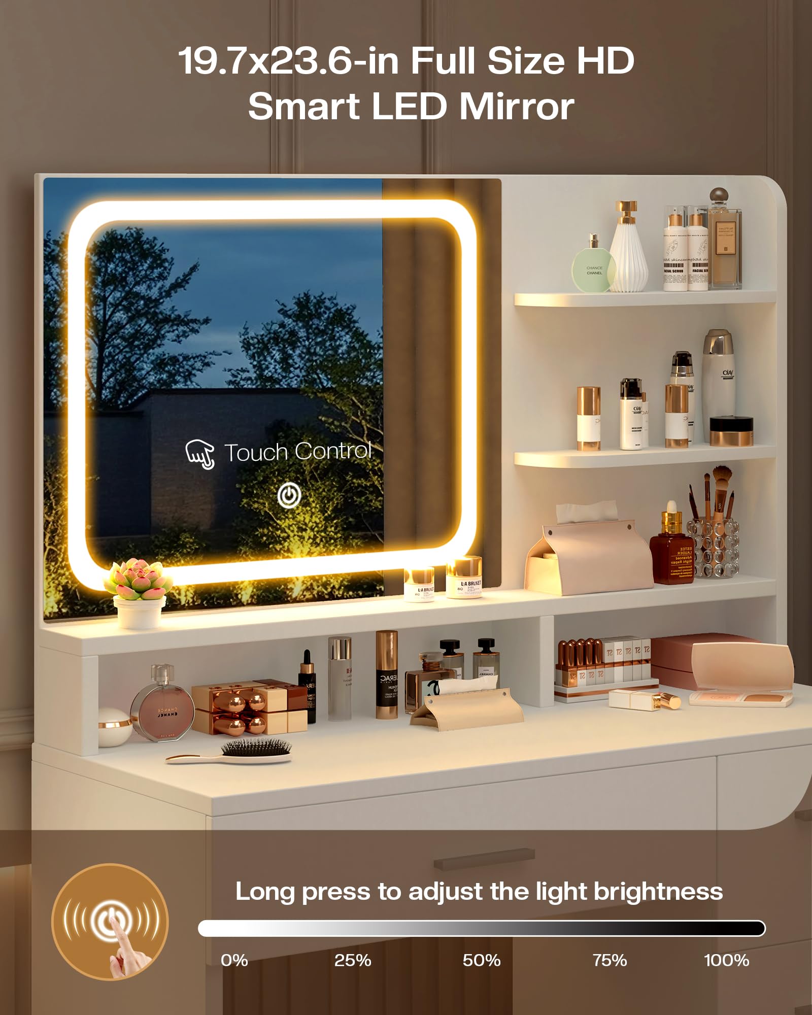 Smart LED mirror with touch control on a vanity setup, displaying various cosmetic products.
