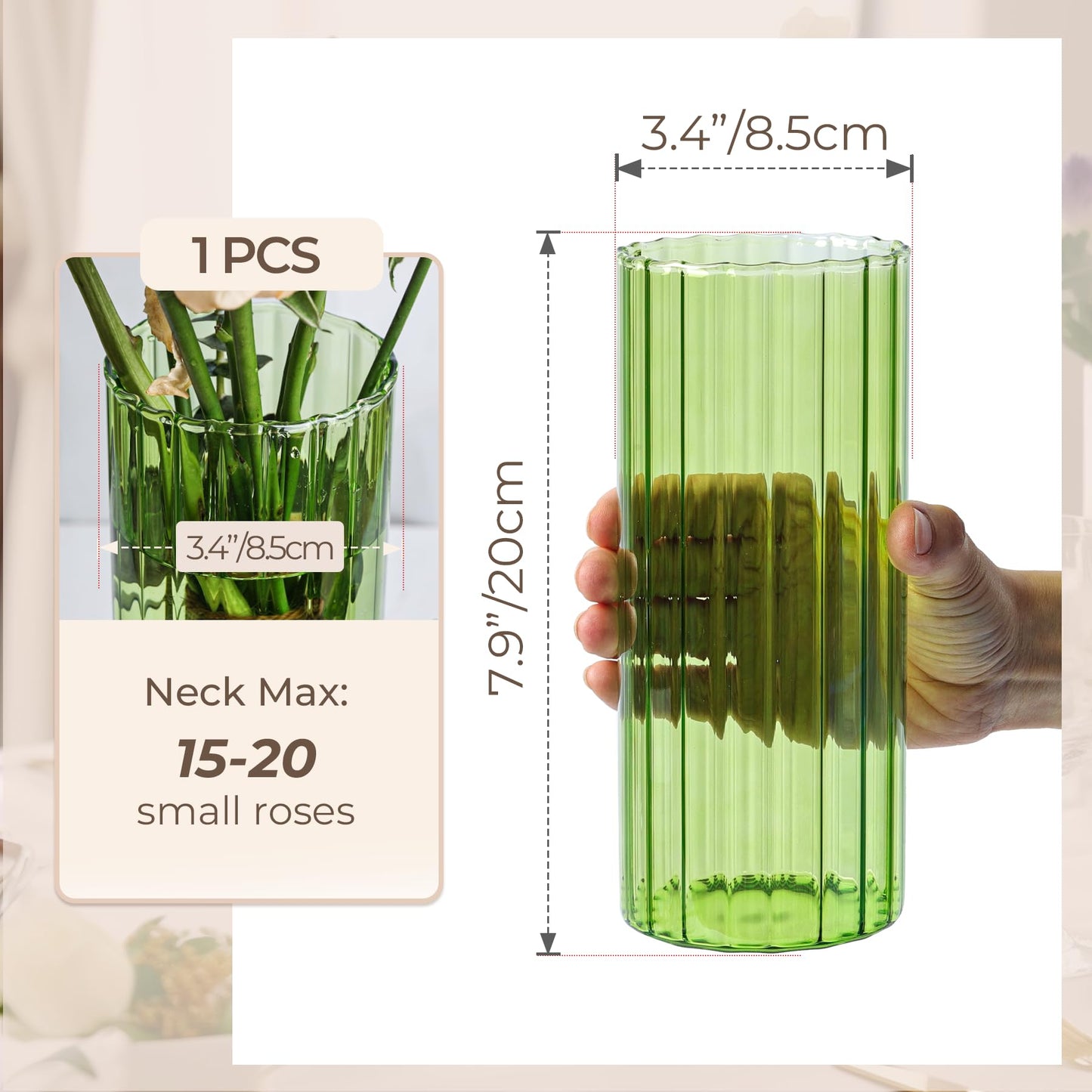 Decorative arrangement with red berries, green leaves, and a vase on a surface.