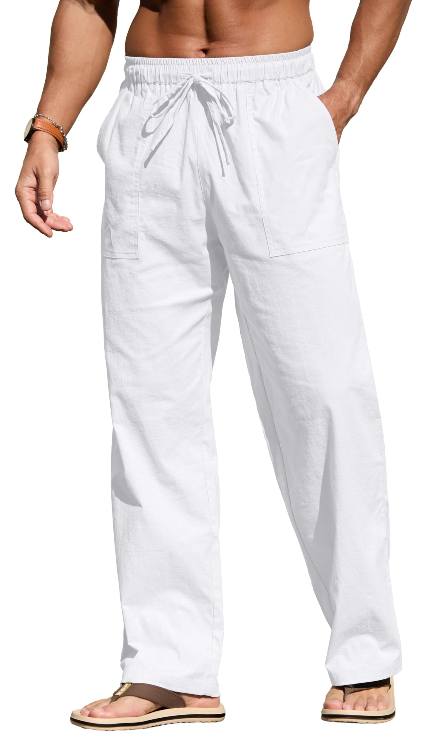 Sailwind Men's Casual Linen Pants Beach Summer Elastic Waist Drawstring Pants Lightweight Linen Trousers White