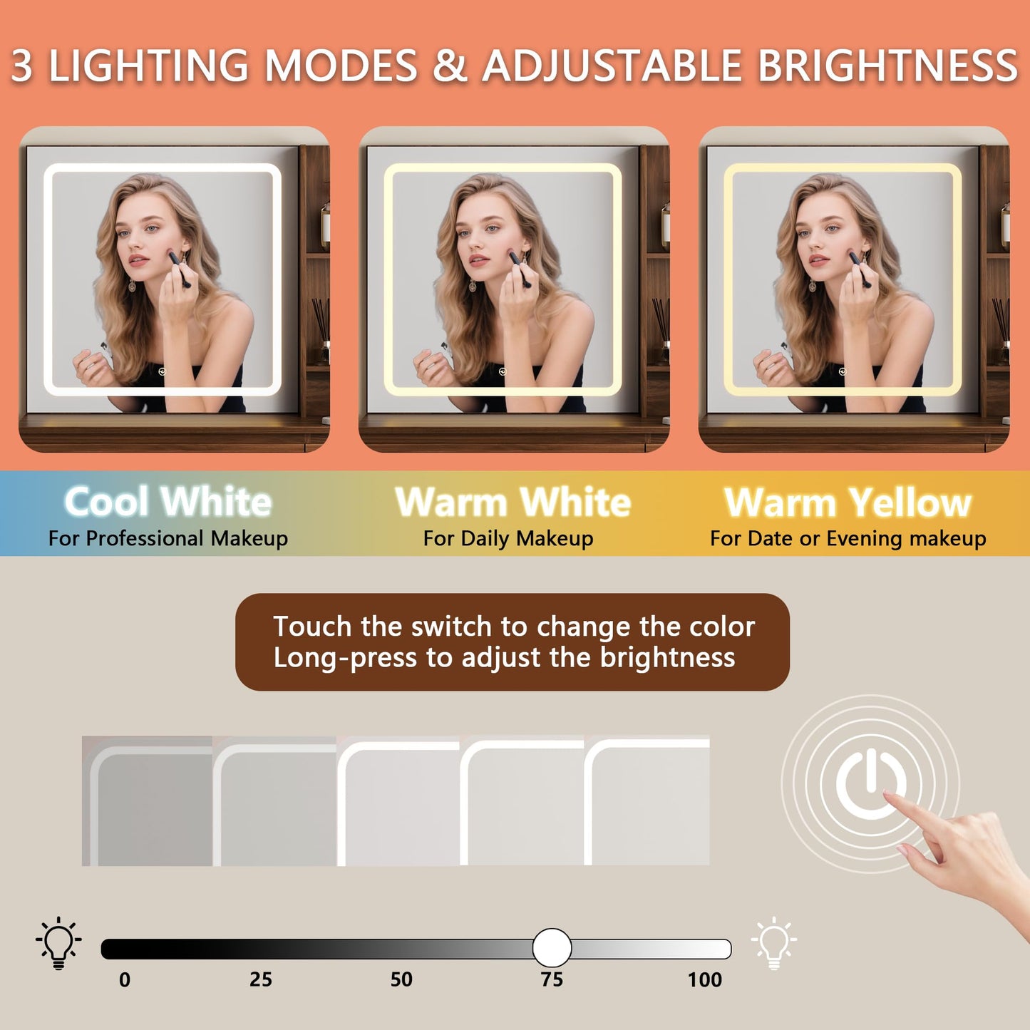 Display of a makeup mirror with three lighting modes and adjustable brightness on an orange background.