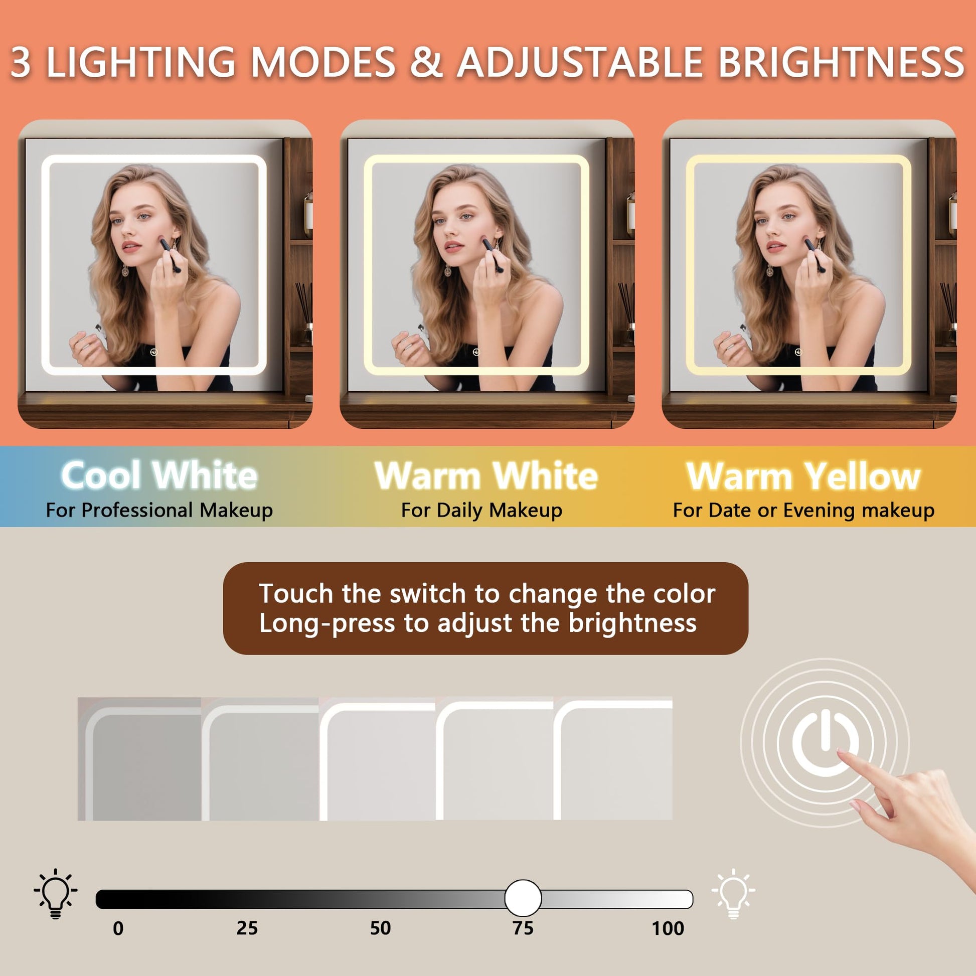 Display of a makeup mirror with three lighting modes and adjustable brightness on an orange background.