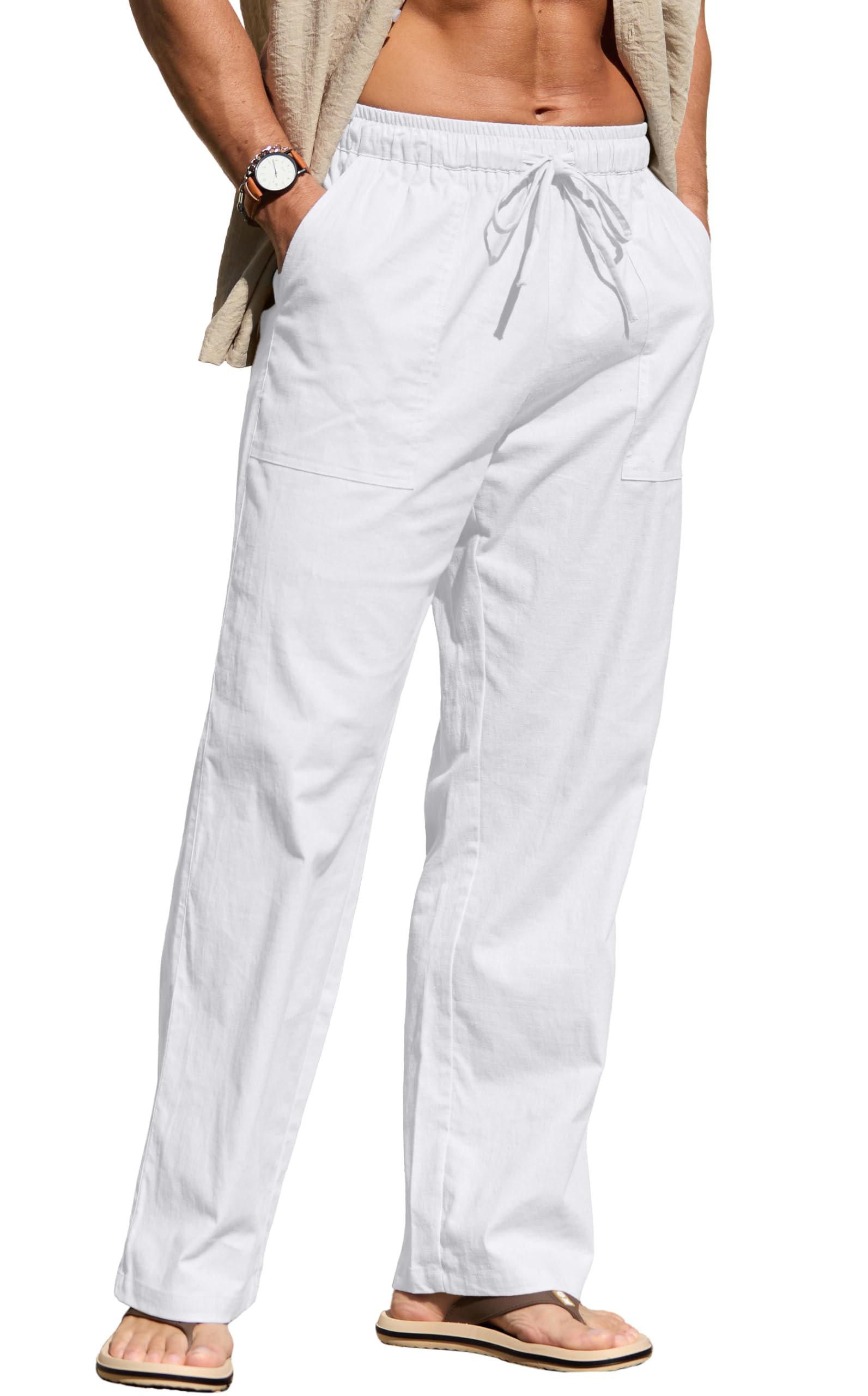 Sailwind Men's Casual Linen Pants Beach Summer Elastic Waist Drawstring Pants Lightweight Linen Trousers White