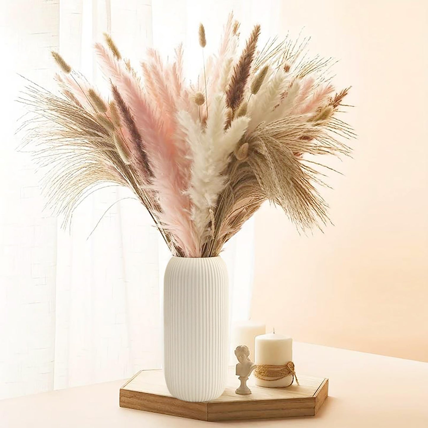 Ceramic Vase for Flowers – Modern Small Ribbed Textured Flower Vase for Home Decor, Pampas Grass, Decorative, Farmhouse, Coffee Table, Kitchen Centerpieces, Bookshelf and Home Living (White)