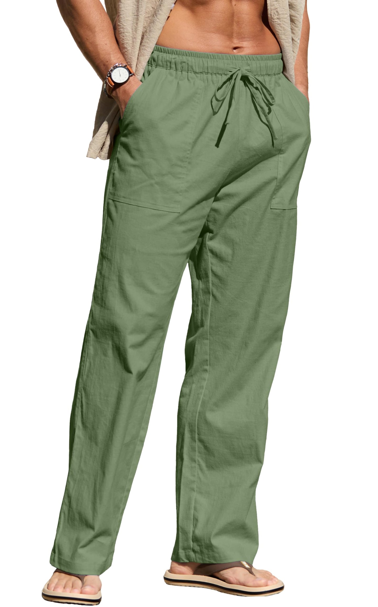 Sailwind Men's Casual Linen Pants Beach Summer Elastic Waist Drawstring Pants Lightweight Linen Trousers White