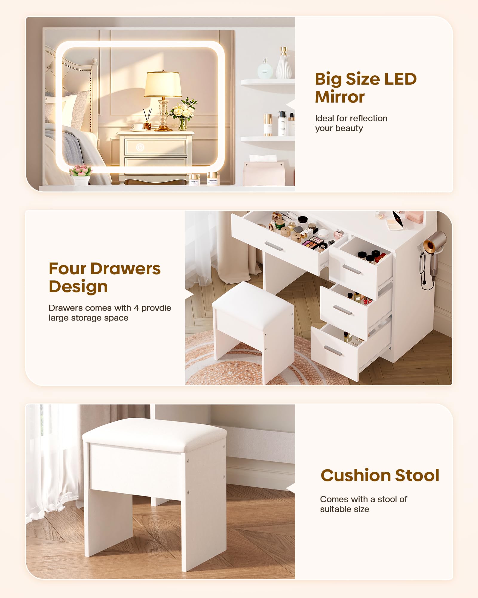 Dressing table with LED mirror, four drawers, and cushion stool on a light background