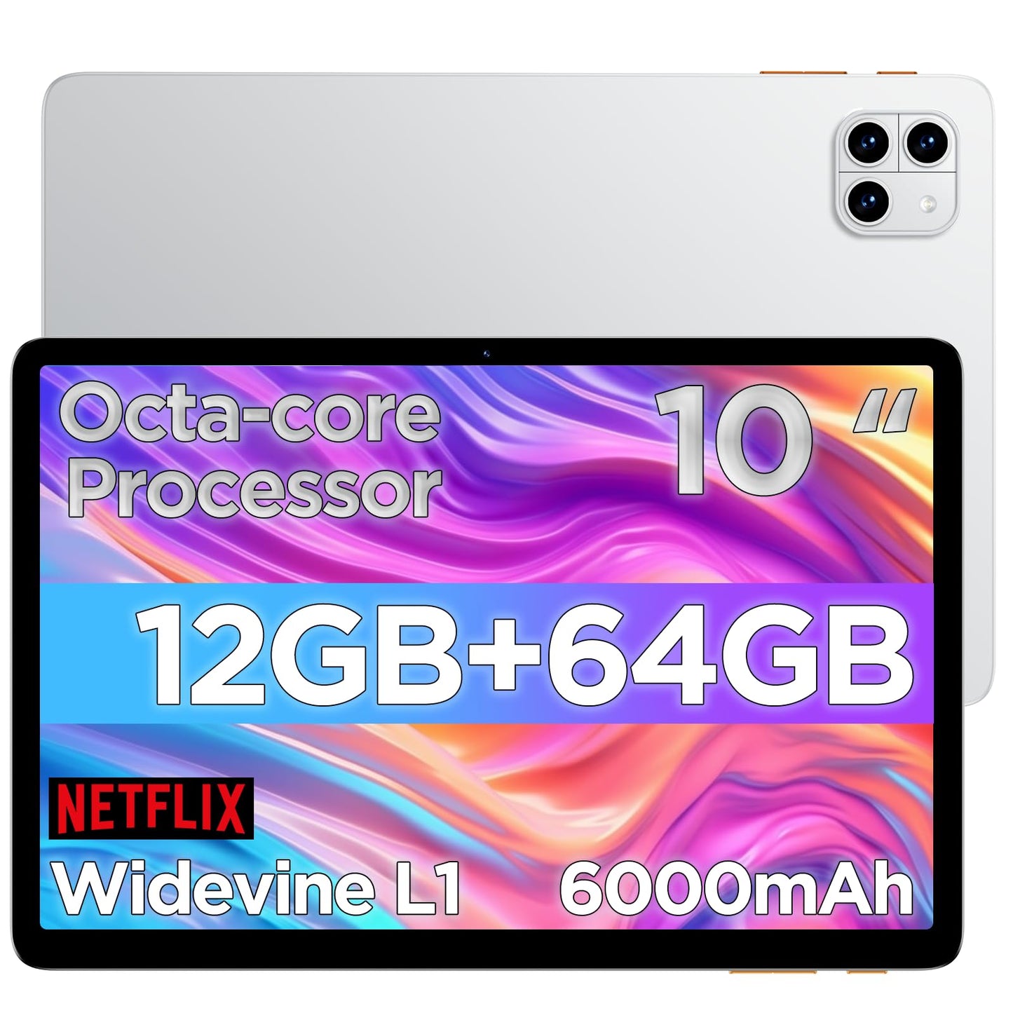 Android Tablet, 10.1 inch Android 15 Tablet, Octa-core CPU, 2 Years Protection, RAM 12GB, ROM 64GB (Up to 2 TB), 800x1280 Resolution, WiFi 6 & Bluetooth 5.4, Dual Speakers, 5MP+8MP, 6000mAh, Black