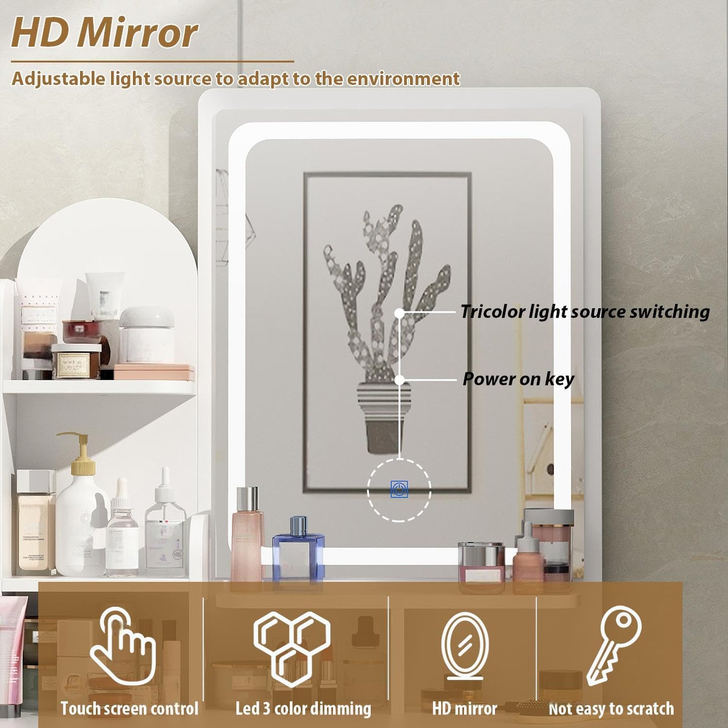 HD mirror with adjustable light source and tricolor light switching feature, displayed in a bathroom setting.