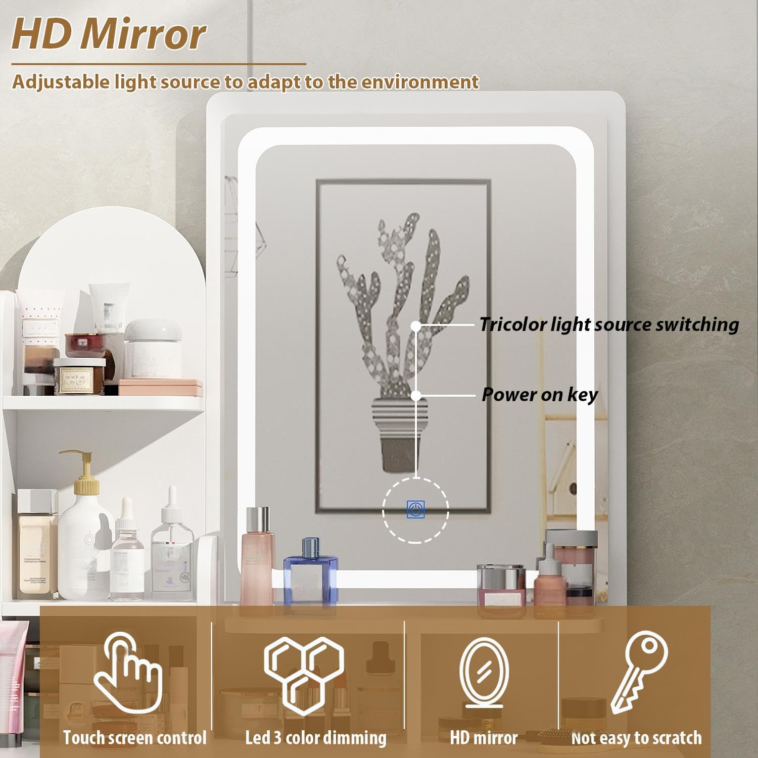 HD mirror with adjustable light source and tricolor light switching feature, displayed in a bathroom setting.