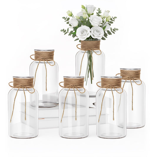 Mason Jars for Centerpiece, 6 Pack Vintage Farmhouse Glass Flower Vase Transparent White Vases Bulk for Weddings, Parties, Christmas & Home Decor