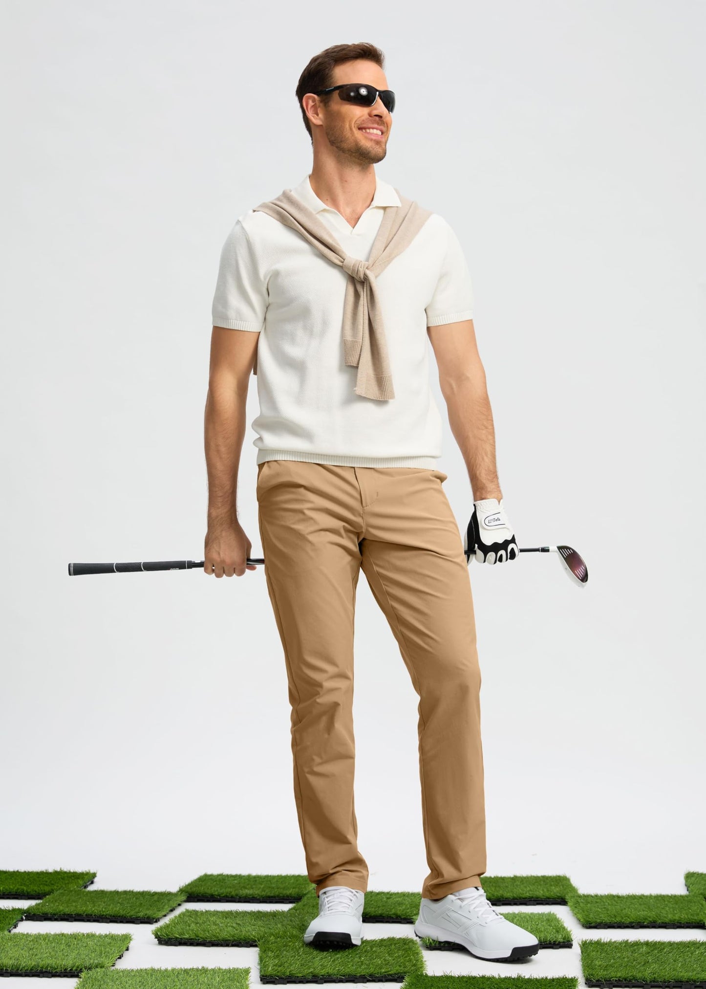 Pudolla Men's Golf Pants Stretch Classic Fit Work Dress Pants 30 Lightweight Quick Dry Casual Slacks Trousers with Pockets(Khaki 34Wx30L)