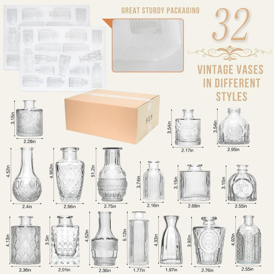 Anquephd Glass Bud Vase Set of 32PCS Wedding Centerpieces for Tables,Mini Clear Bud Vases for Flowers,Small Flower Vases Suitable for Birthday Party,Anniversary,Wedding,Baby Shower (Clear, 32PCS)