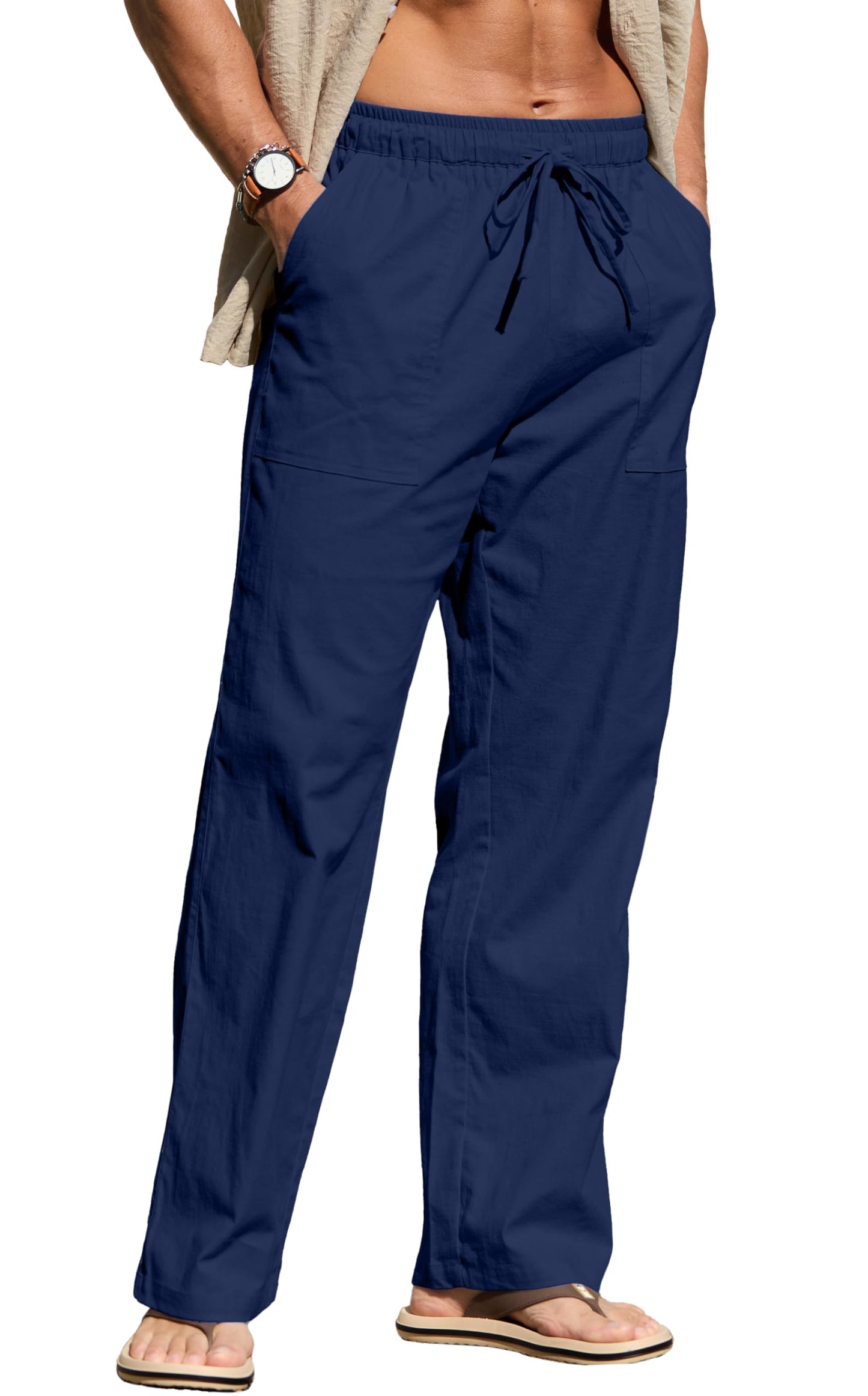 Sailwind Men's Casual Linen Pants Beach Summer Elastic Waist Drawstring Pants Lightweight Linen Trousers White