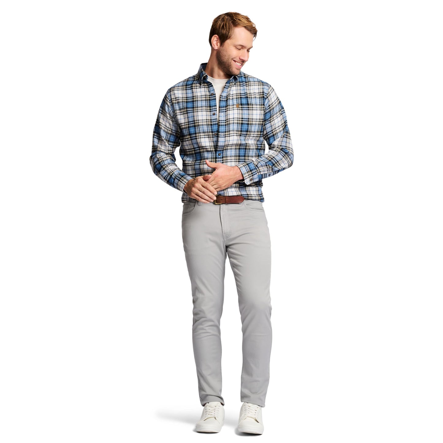 IZOD Men's Stratton Flannel Long Sleeve Button Down Shirt, Asphalt, S