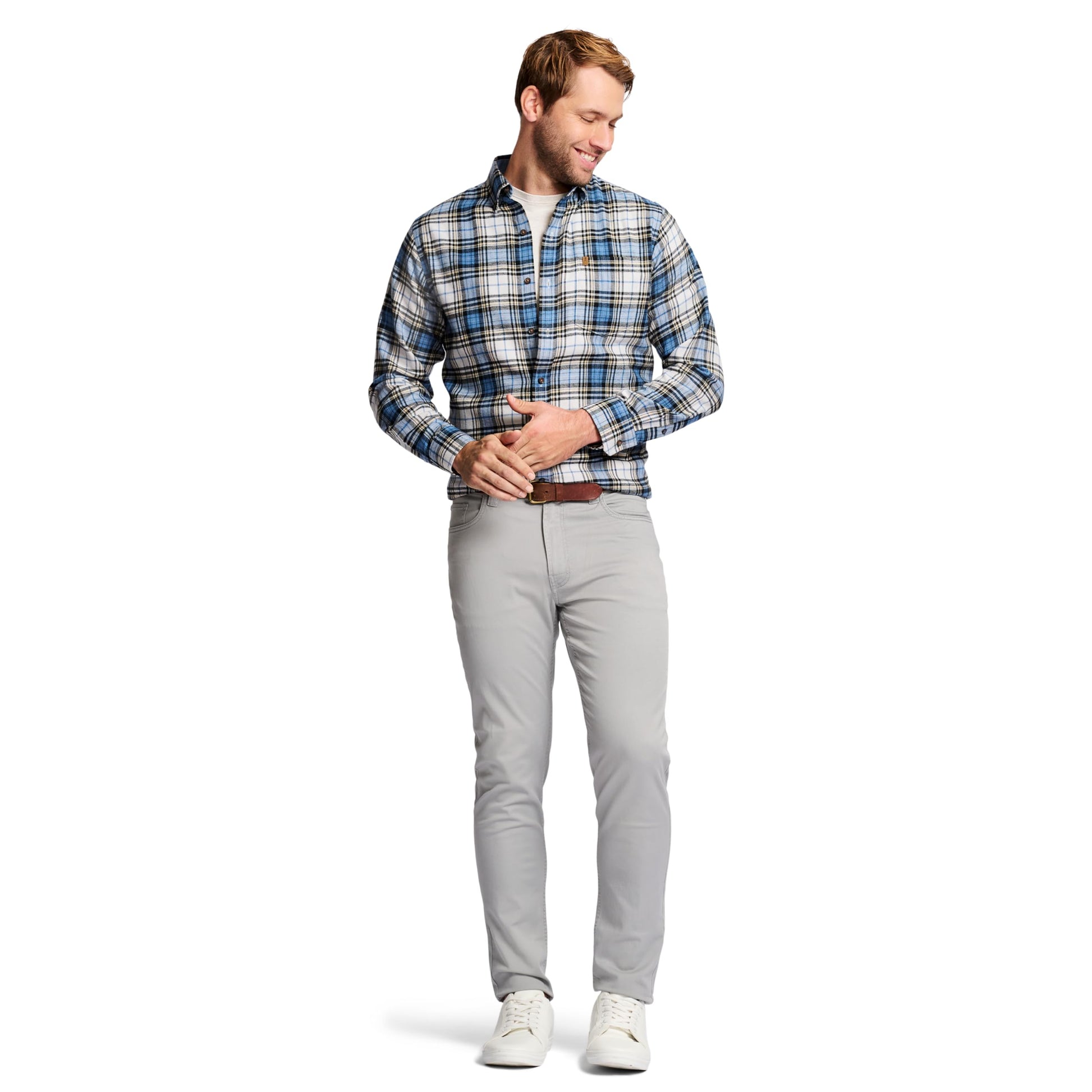 IZOD Men's Stratton Flannel Long Sleeve Button Down Shirt, Asphalt, S