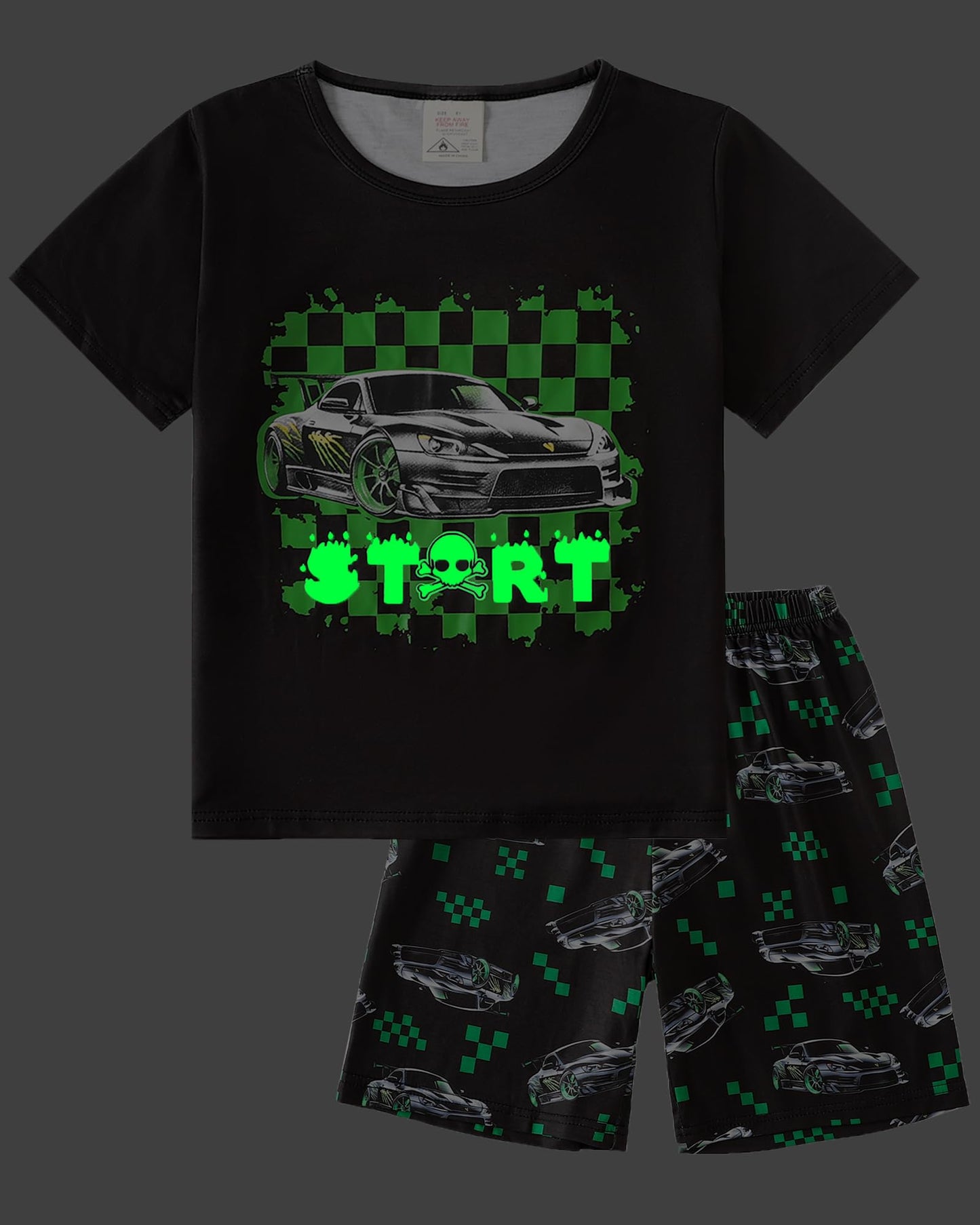 MyFav Big Boys Glow in Dark Skull Pjs Sleepwear Summer Pajama Shorts Sets, Skateboard, 14 Years