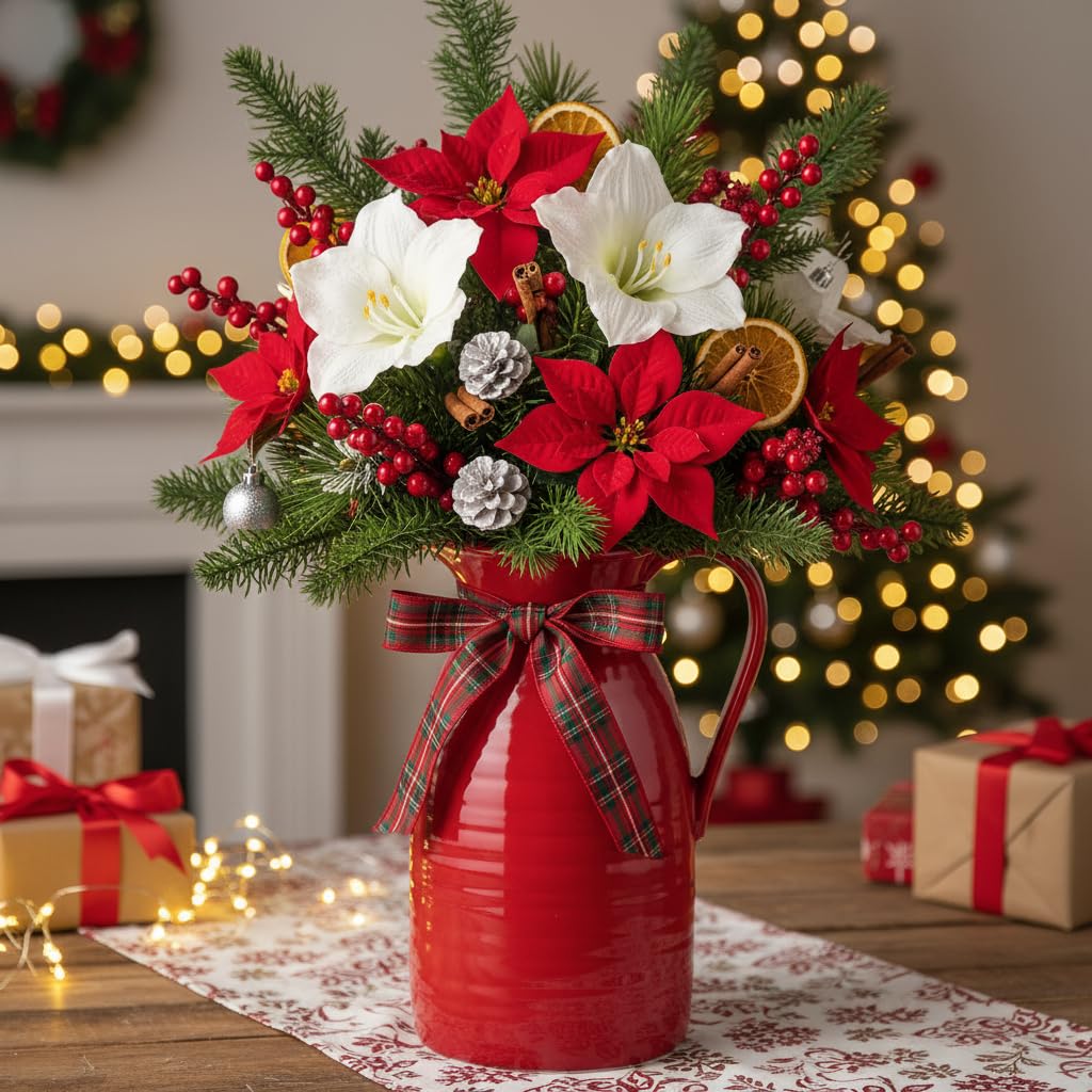 Decorative Christmas flower arrangement in a red vase with a plaid bow, set against a festive background with lights and presents.